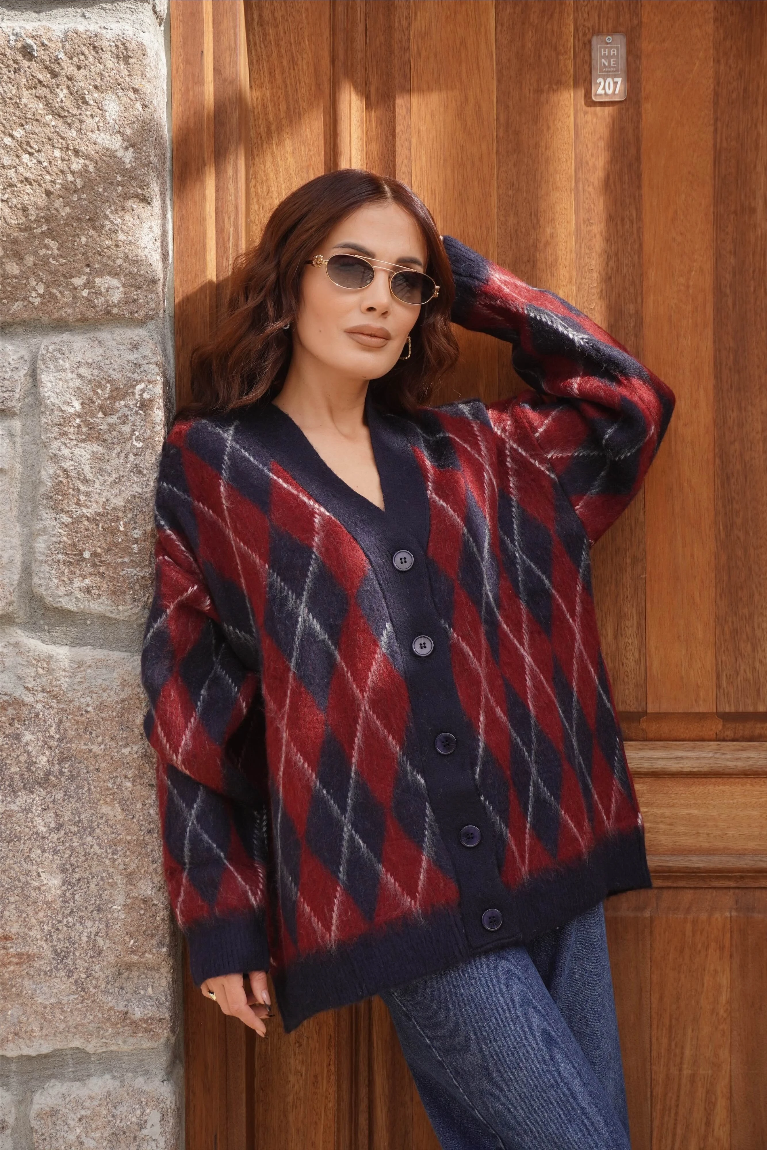 Oversize Standart Beden Baklava Desen Sakallı Hırka