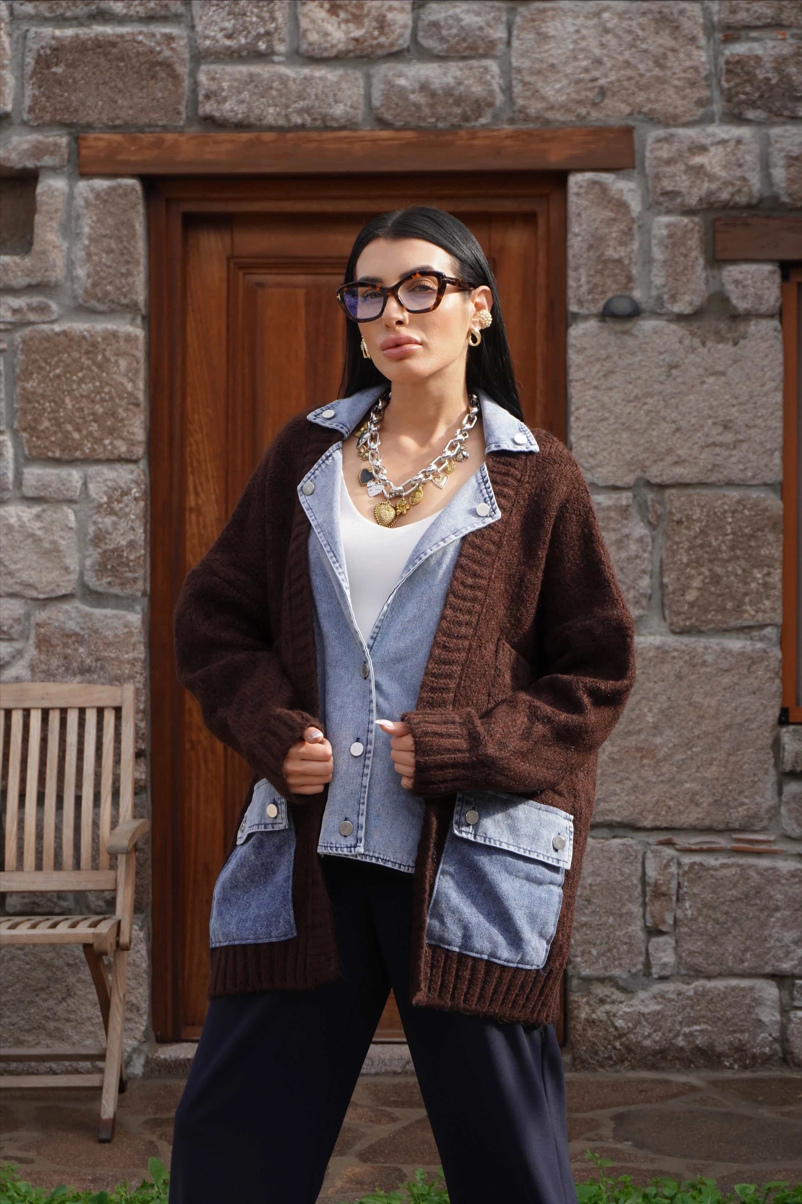 Kot Garnili Acı Kahve Triko Hırka