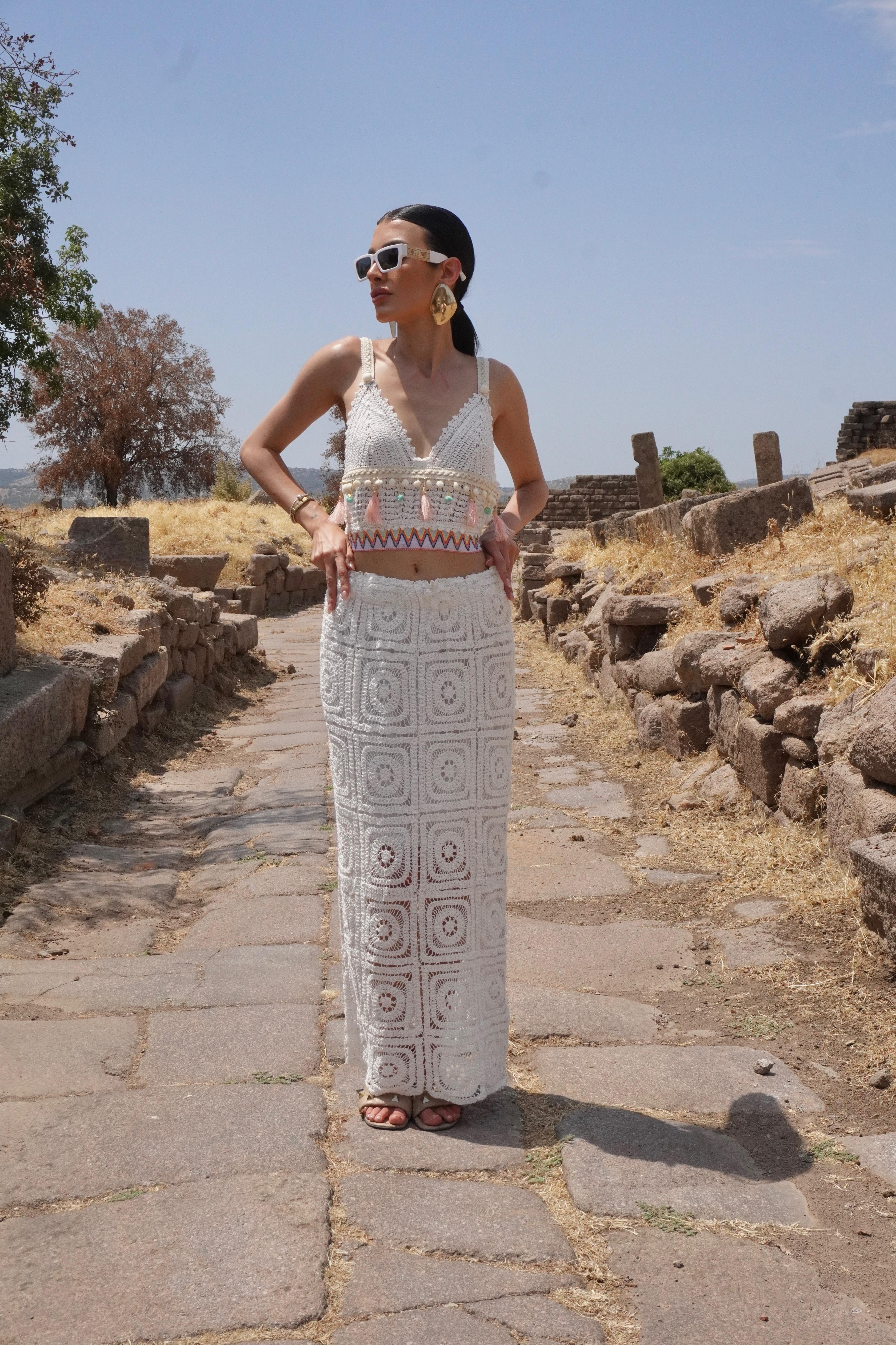 Premium Tasarım Örme Maxi Etek Crop Takım