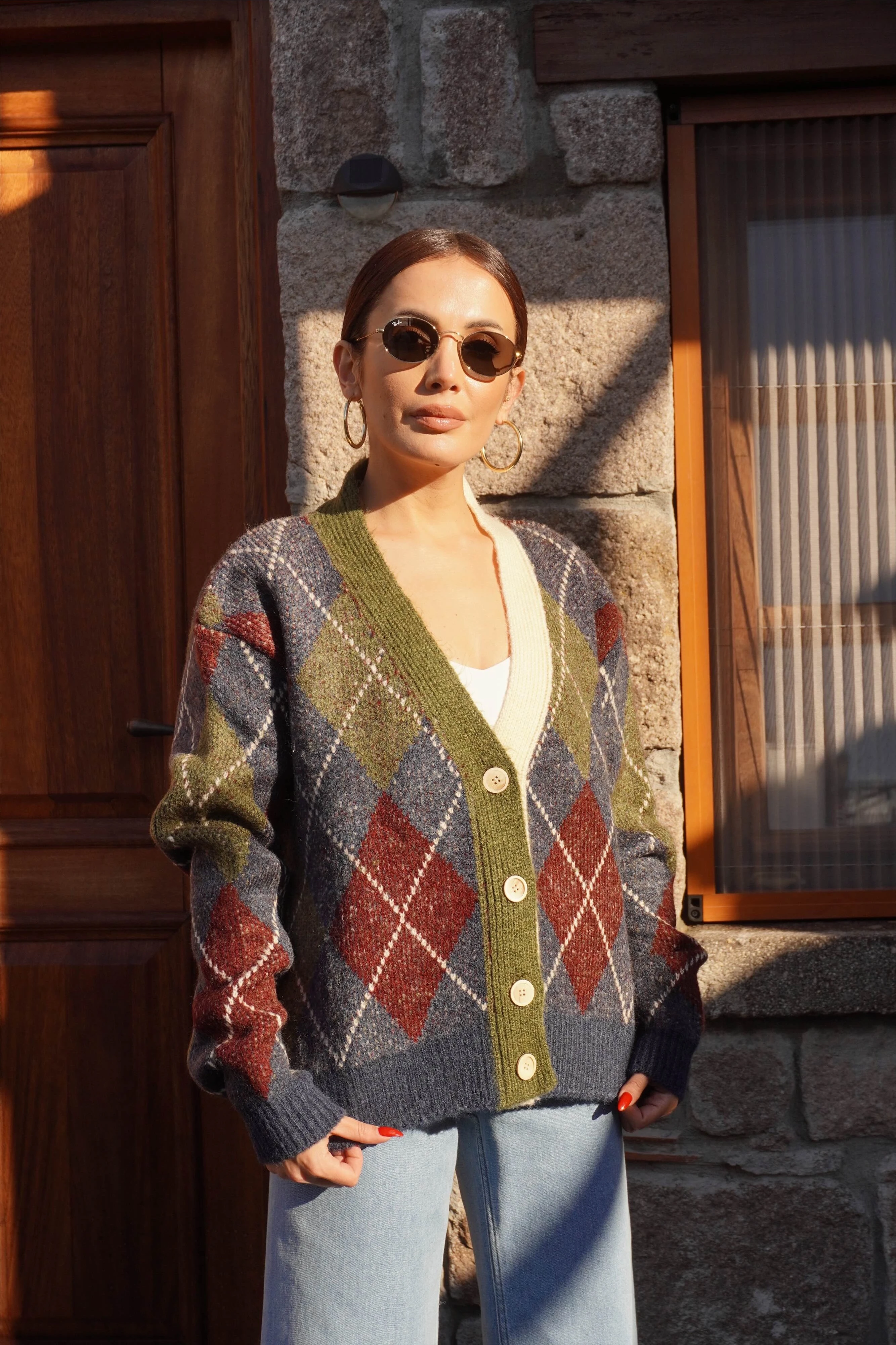 Baklava Desen Haki Bordo Hırka