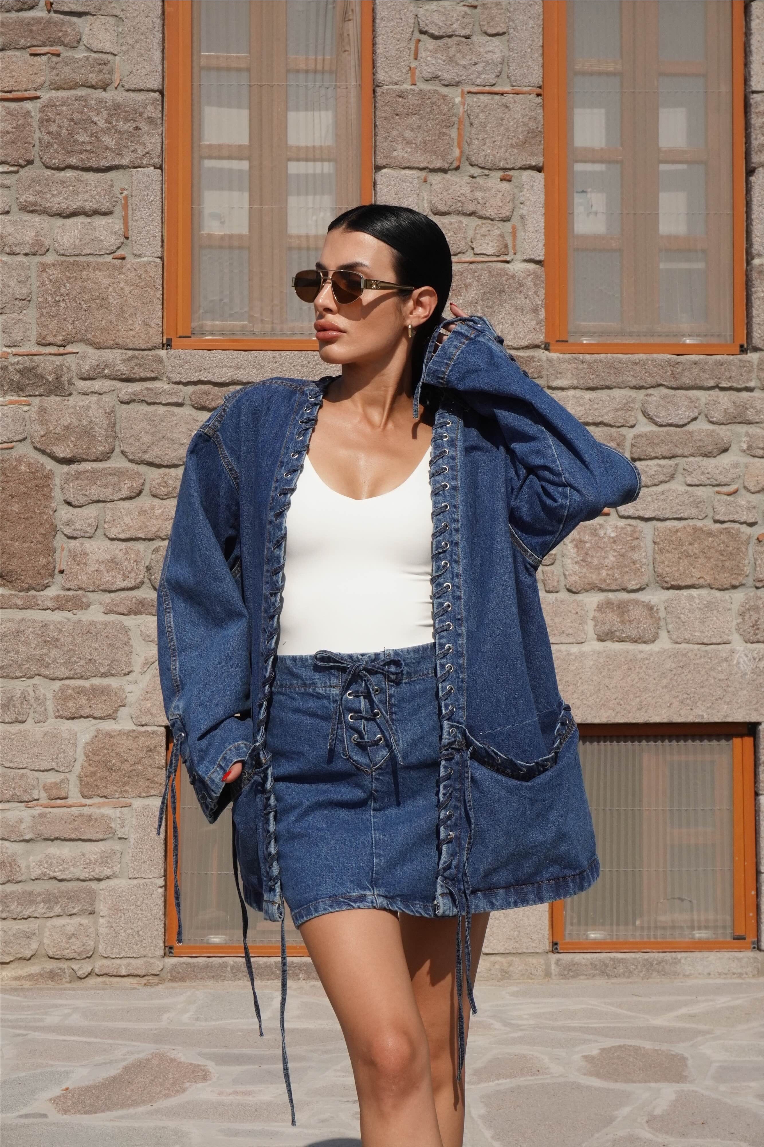 Kuşgözlü Denim Ceket Etek Takım