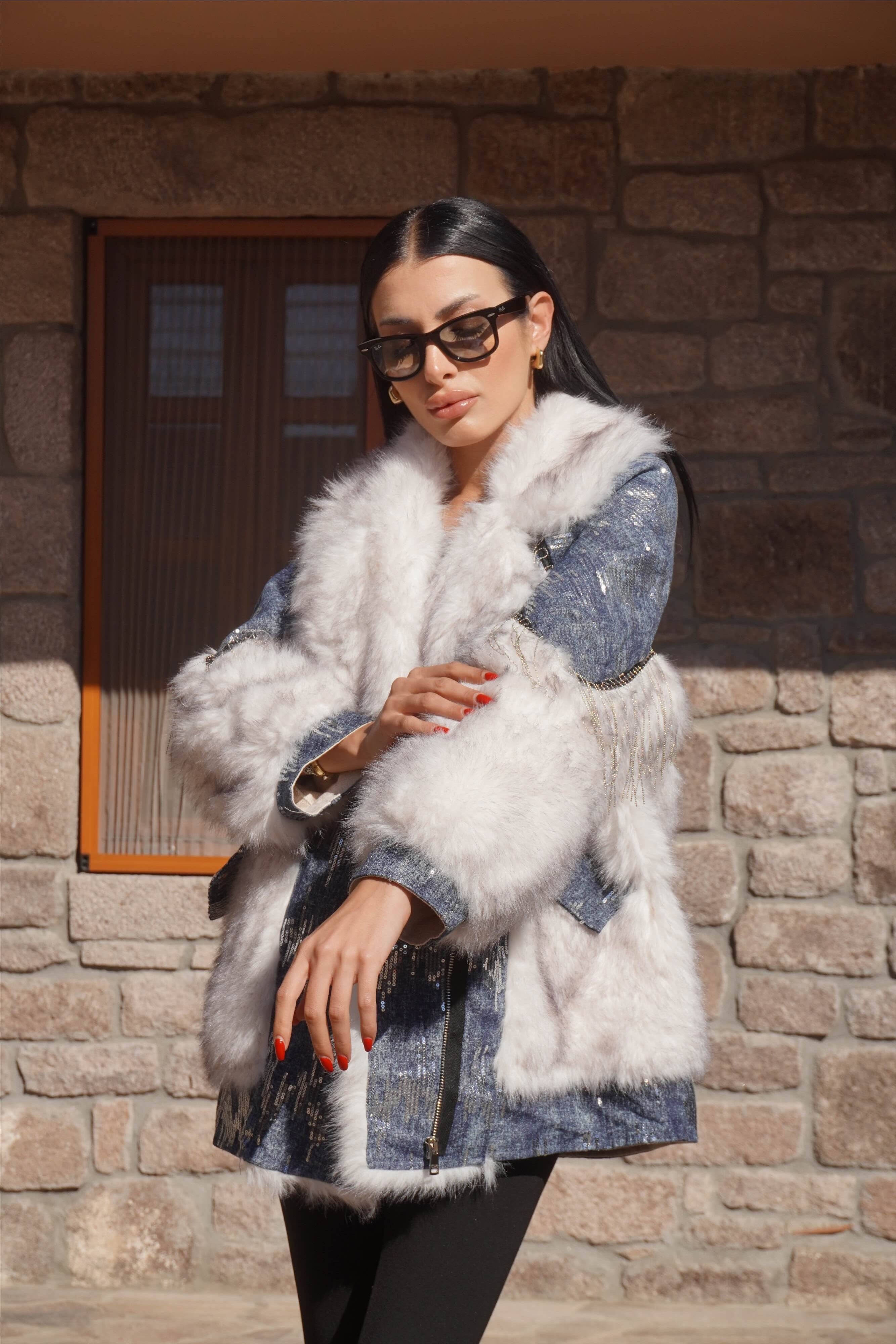 İthal Tasarım Premium Denim Detaylı Pul Dikişli Kürk Mont