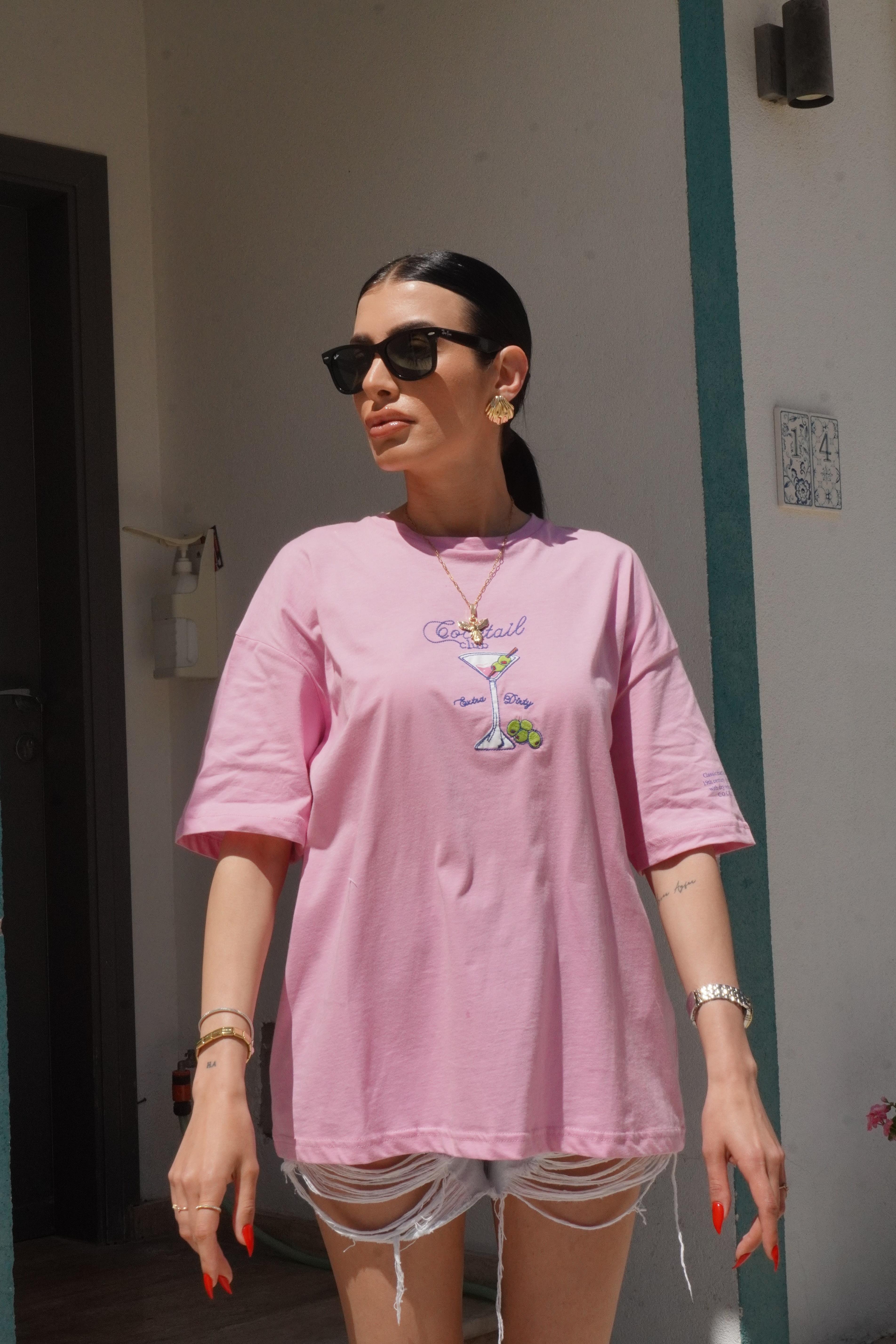 Bardak Baskılı Oversize Pembe Tişört