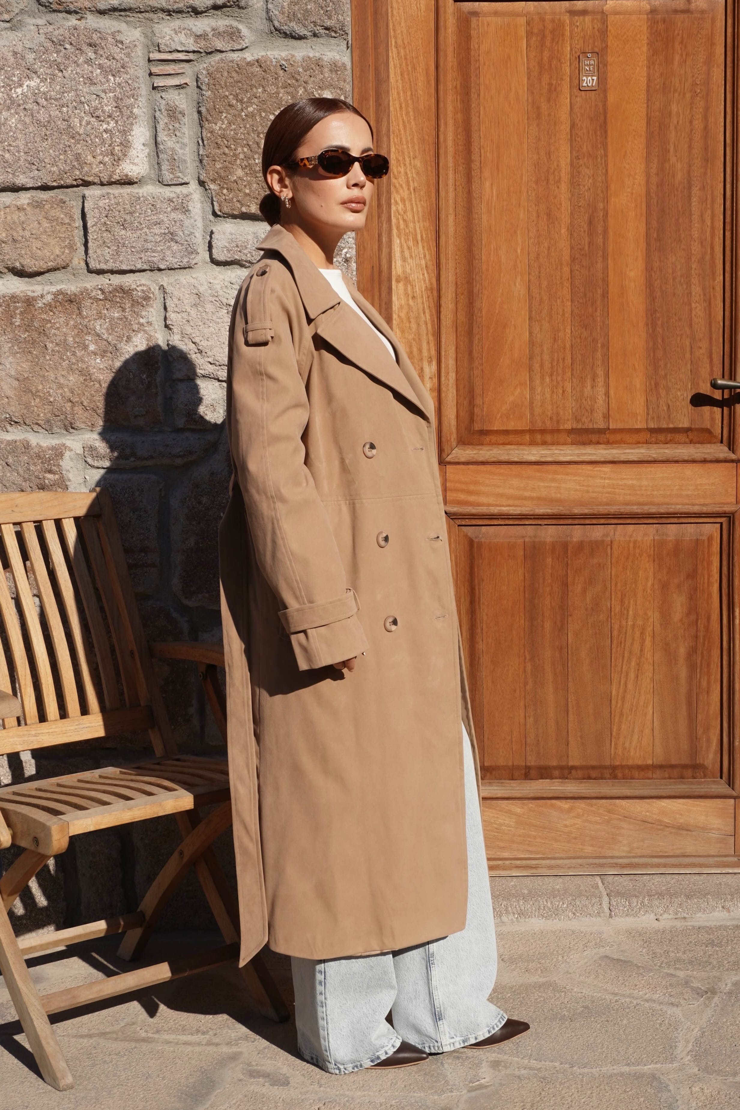 Premium Süet Dokulu Camel Trençkot 