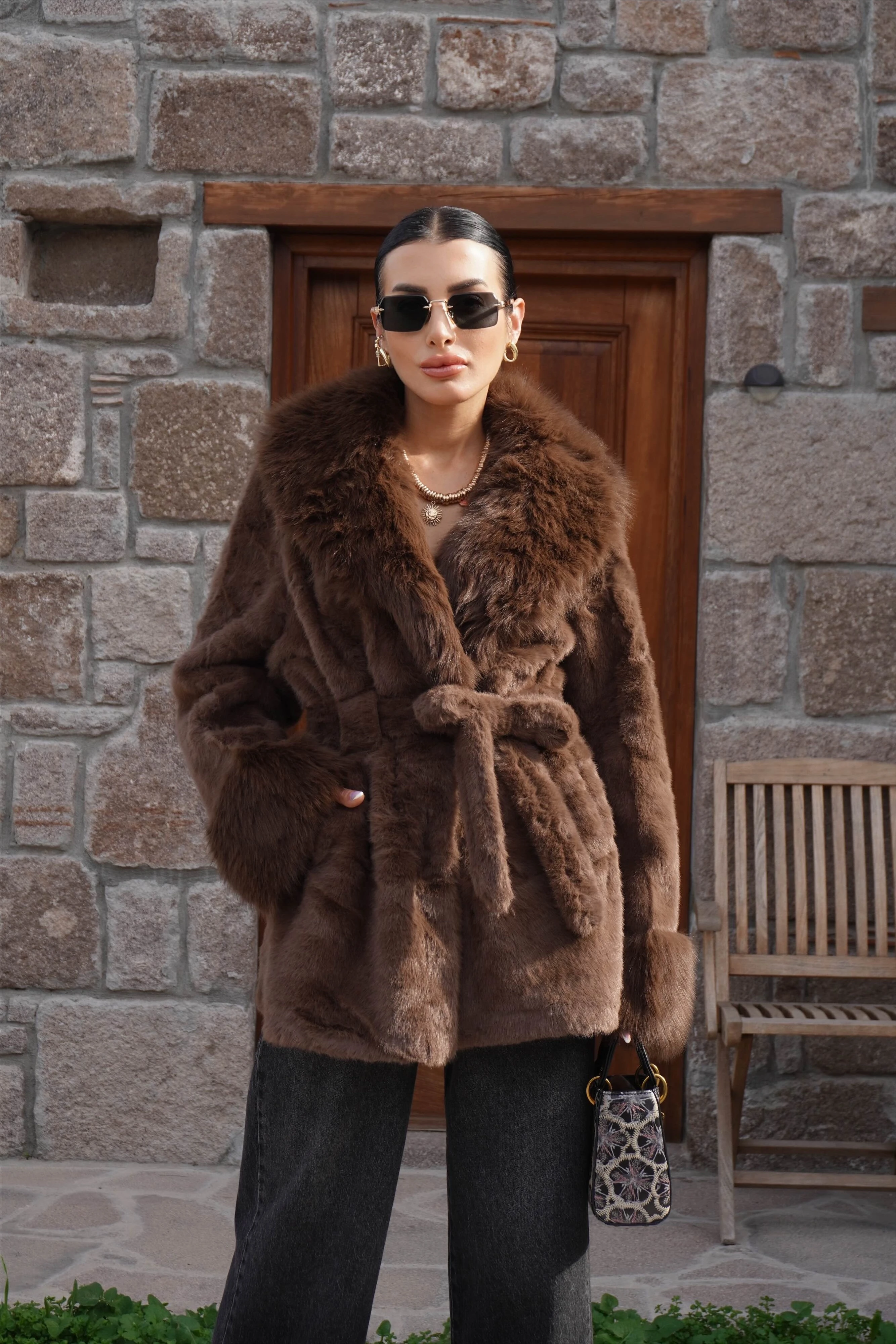 İthal Premium Kürk Yaka Kahverengi Peluş Kaban