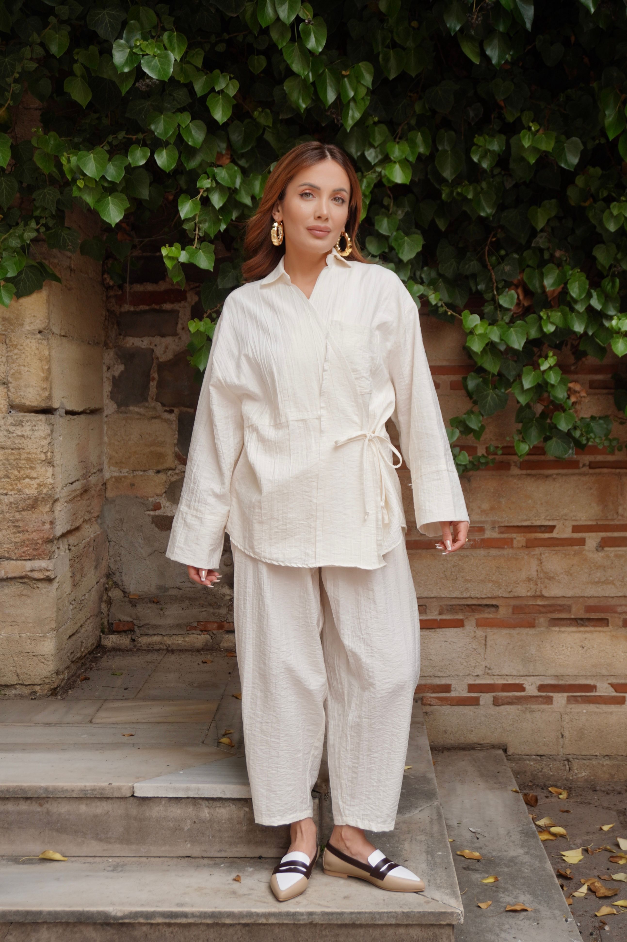 Marka Model Ekru Müslin Kumaş Kimono Gömlek Şalvar Pantolon Takım