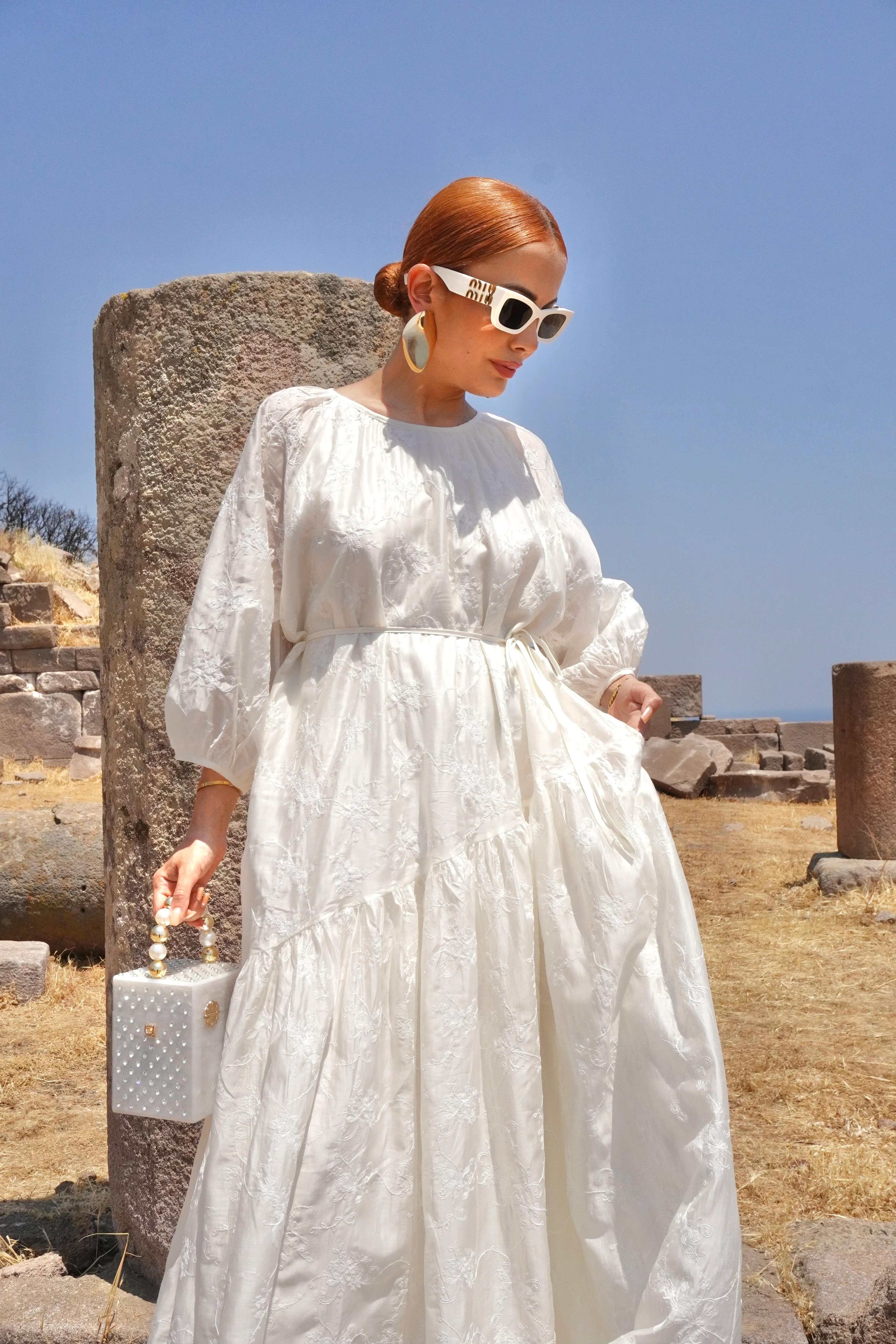 Balon Kol Nakışlı Premium Maxi Elbise