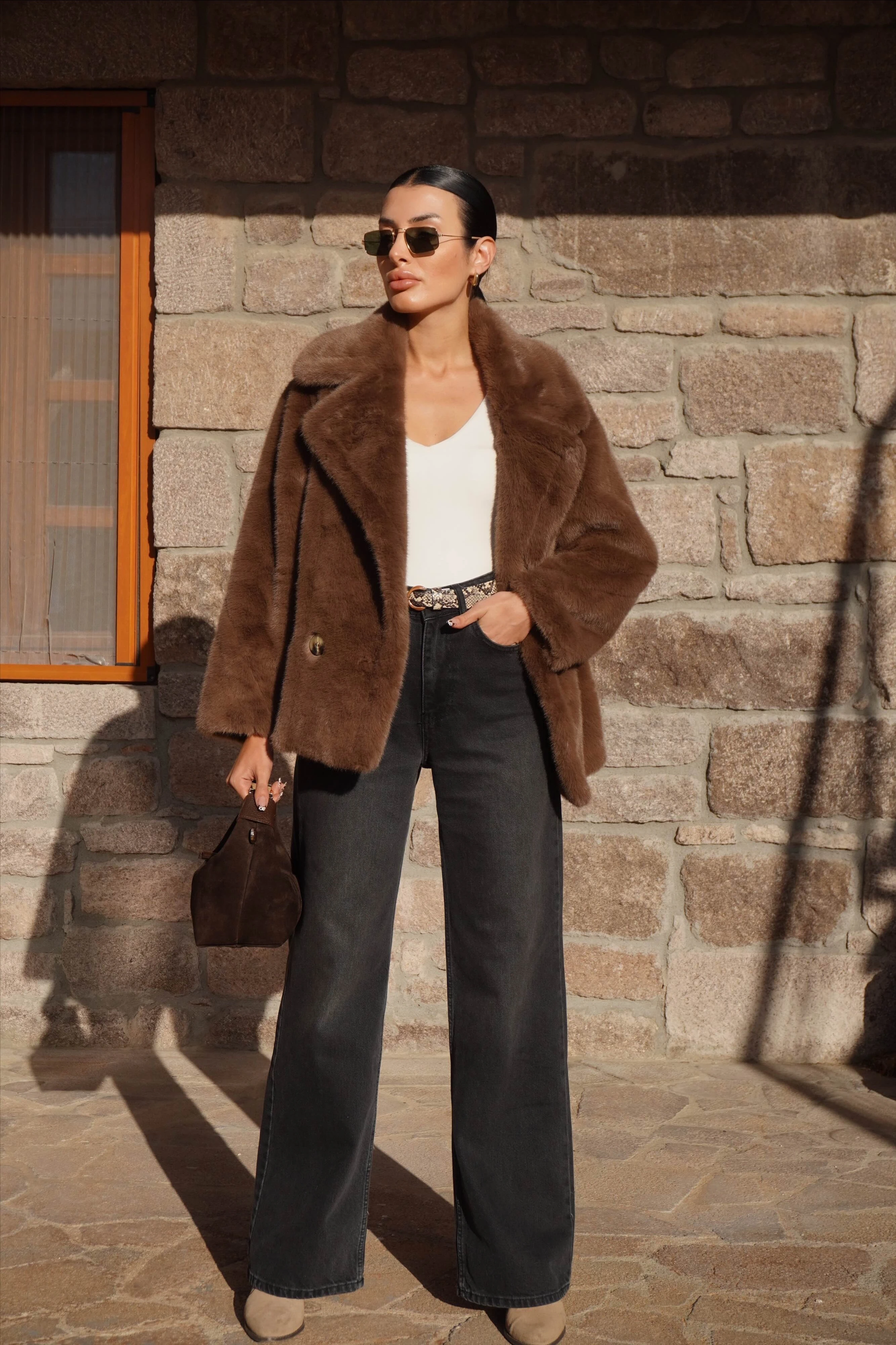 İthal Premium Kahverengi Peluş Ceket Kürk