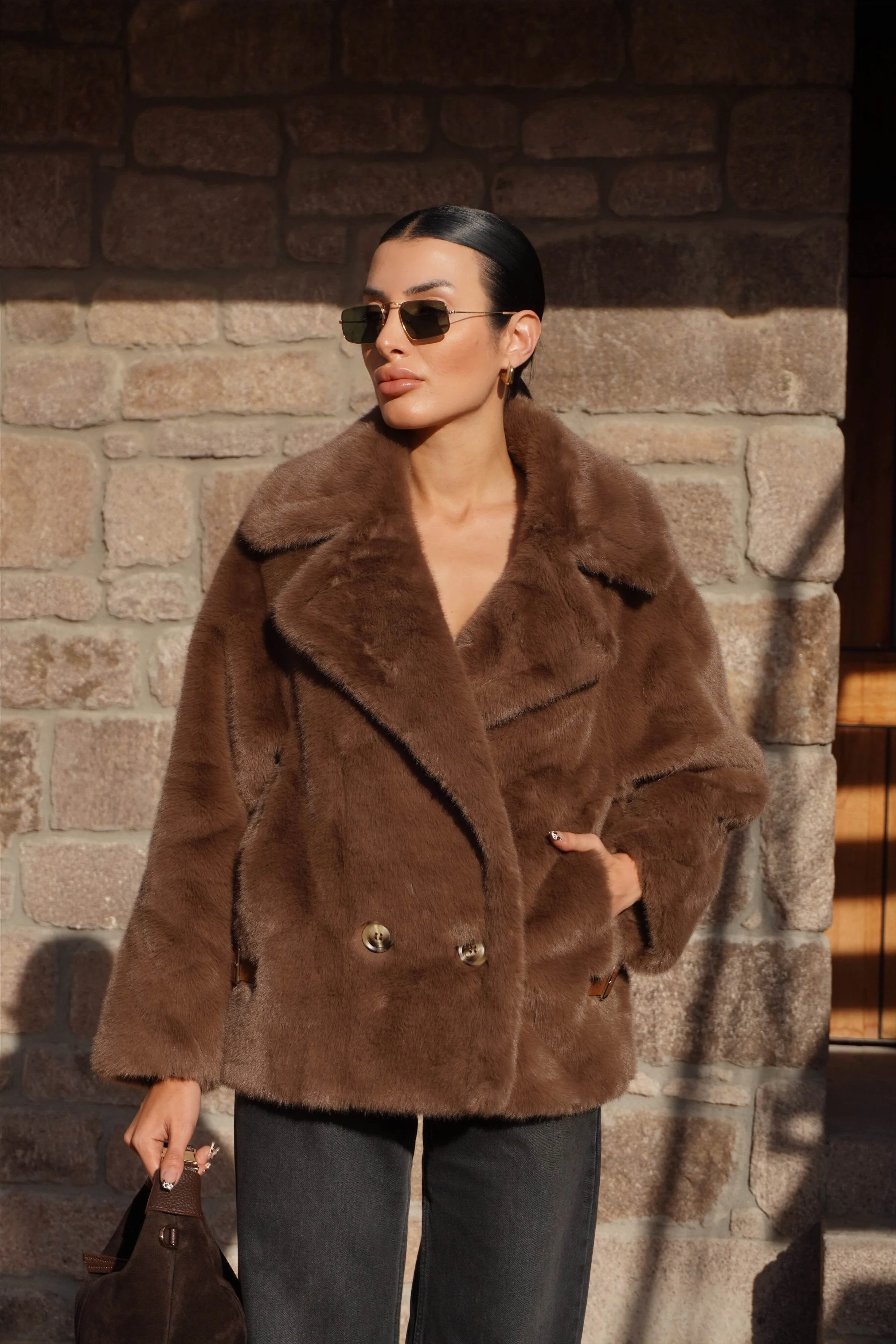 İthal Premium Kahverengi Peluş Ceket Kürk