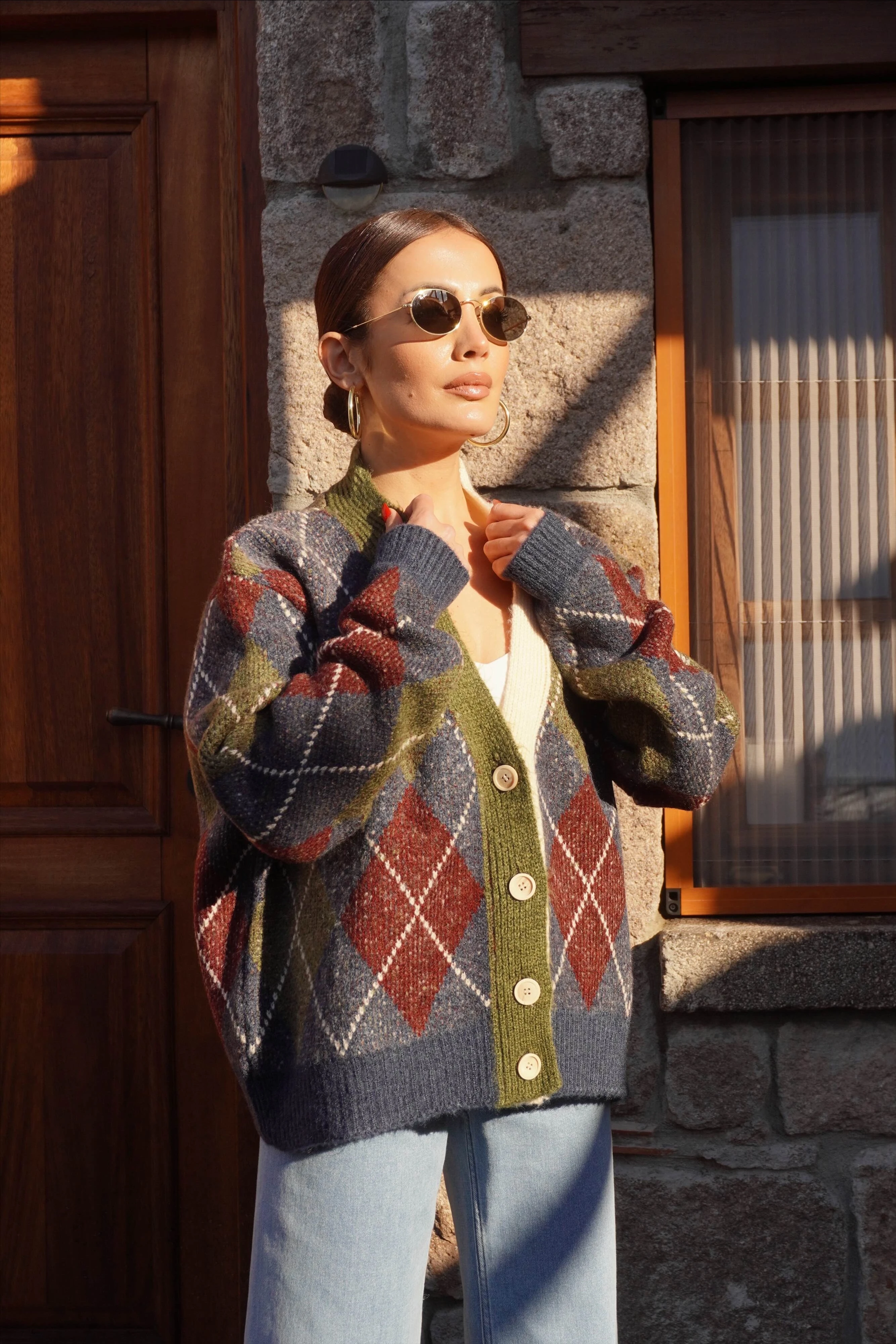 Baklava Desen Haki Bordo Hırka