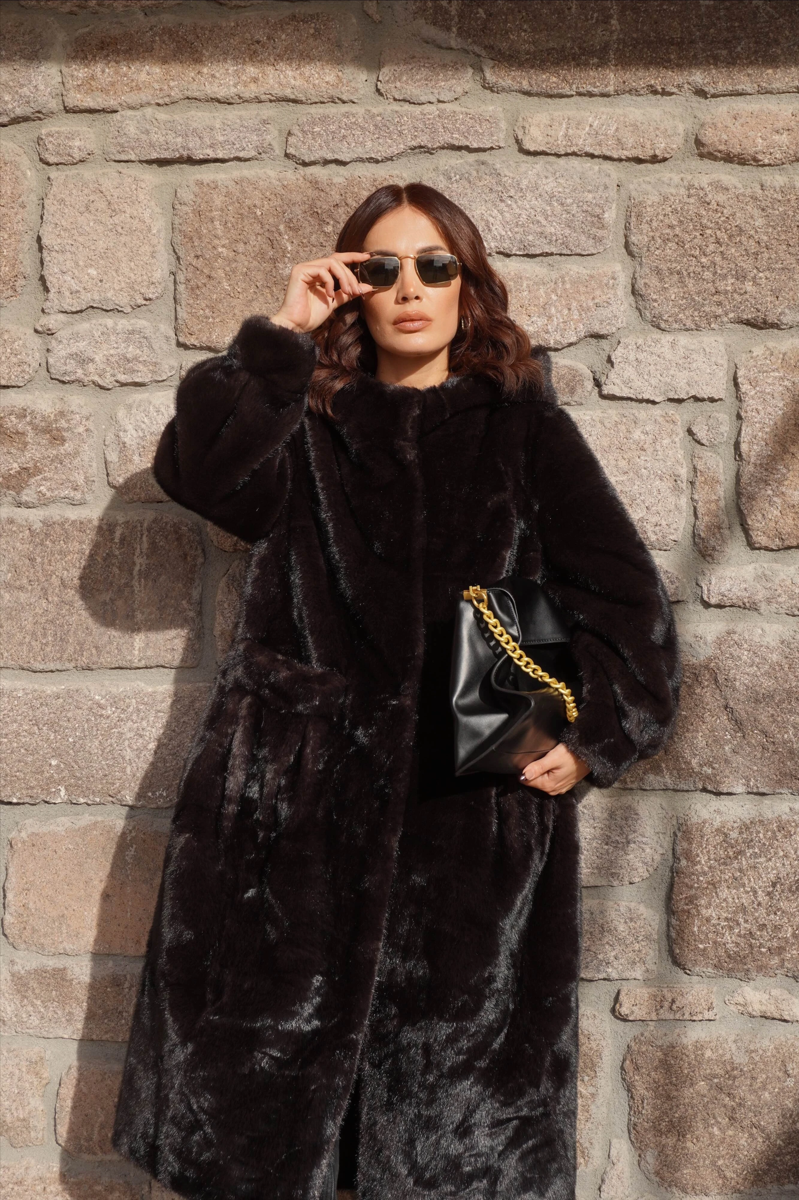 İthal Premium Vintage Görünümlü Kapüşonlu Acı Kahve Lüx Kürk Mont