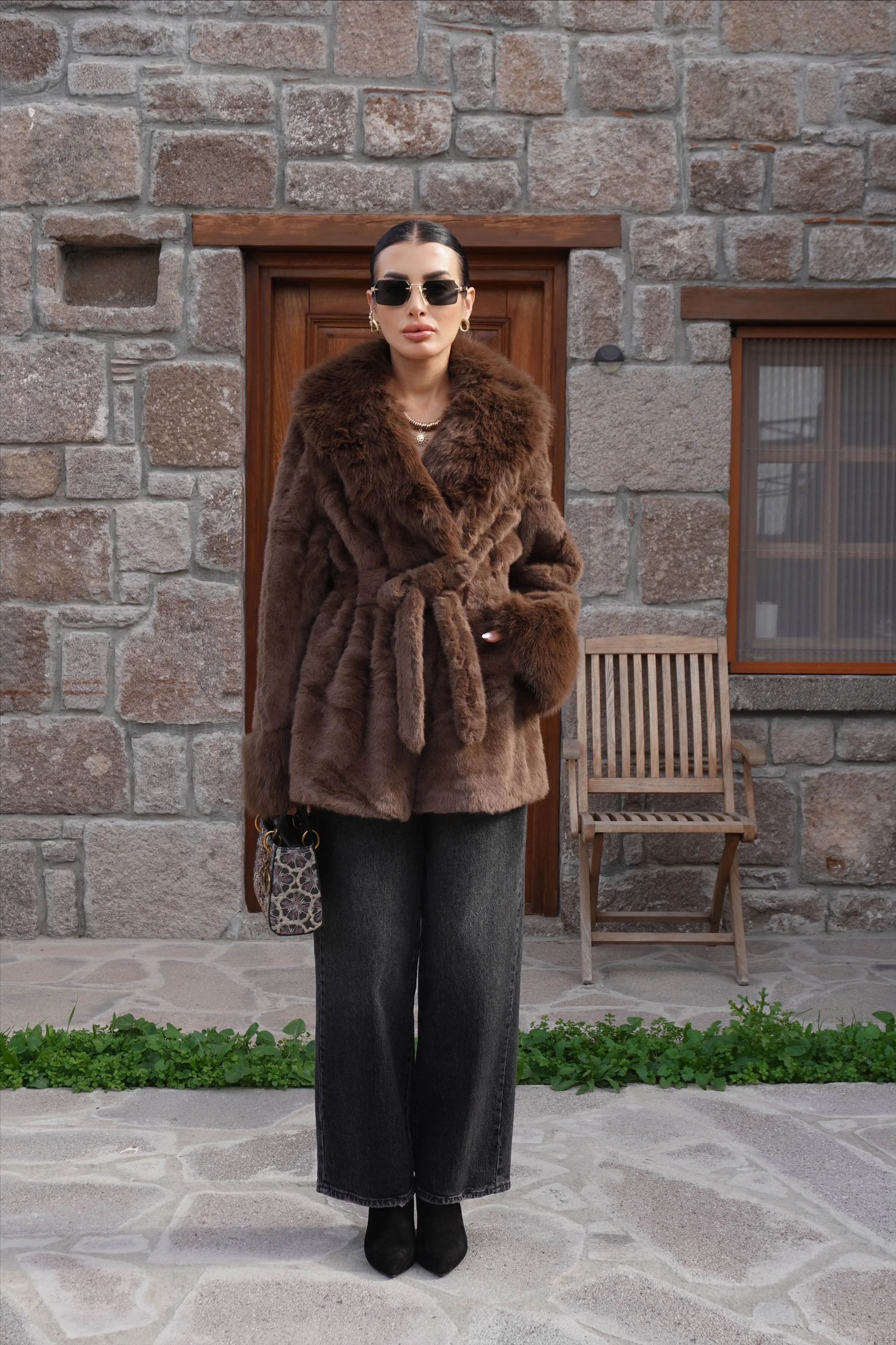 İthal Premium Kürk Yaka Kahverengi Peluş Kaban