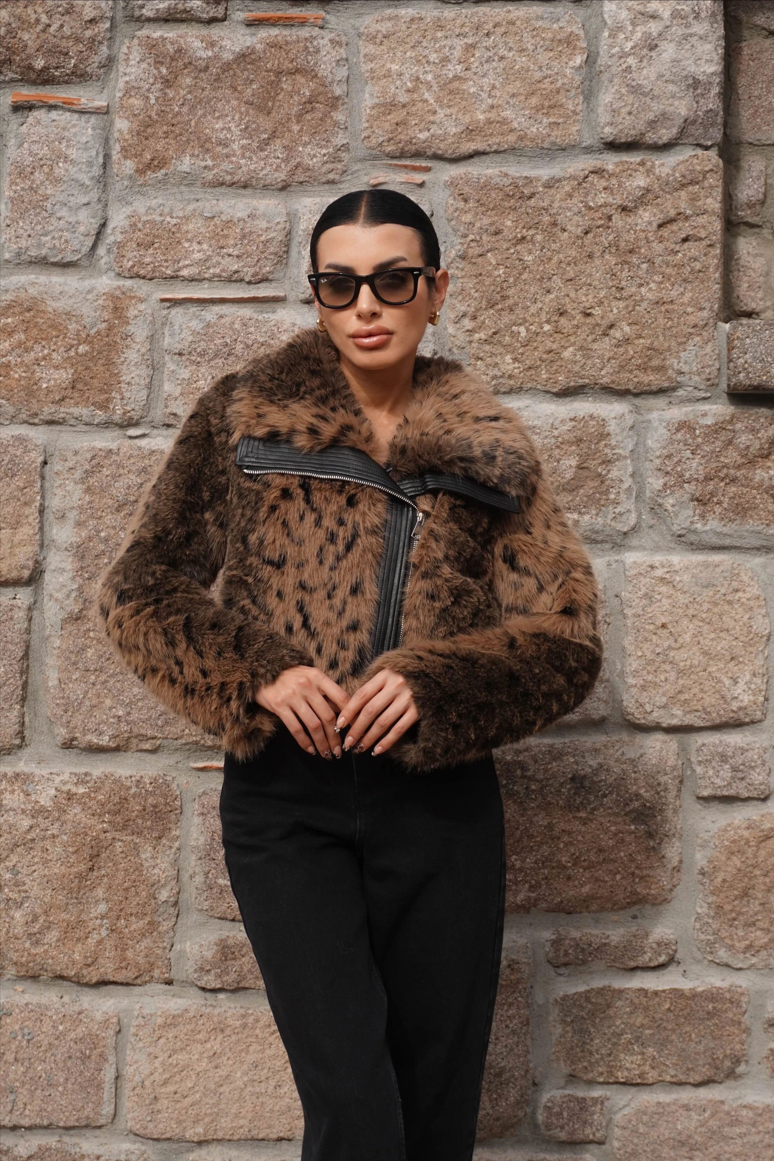 İthal Premium Deri Garnili Leopar Desen Bomber Kürk 