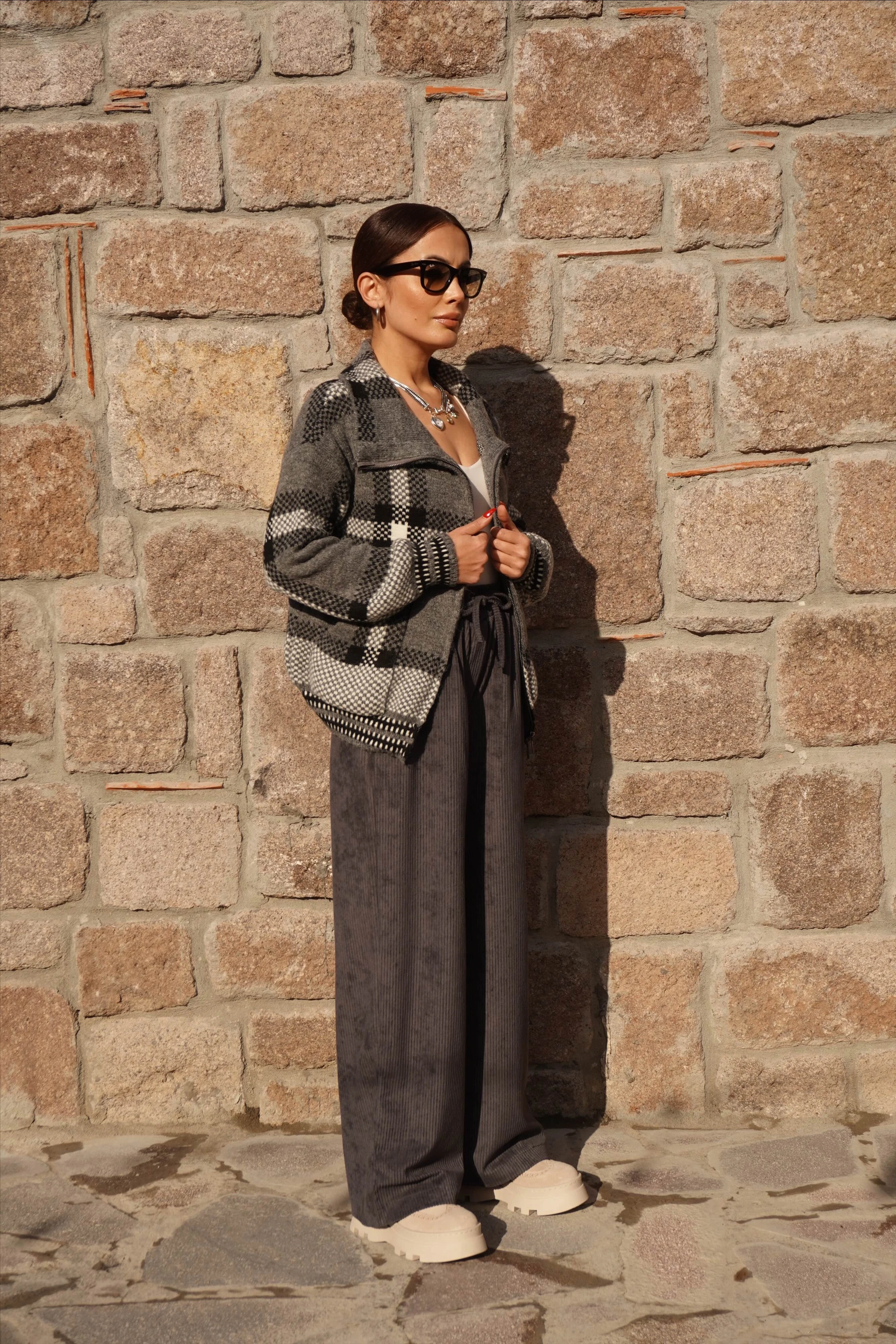 Beli Lastikli Fitilli Füme Kadife Pantolon