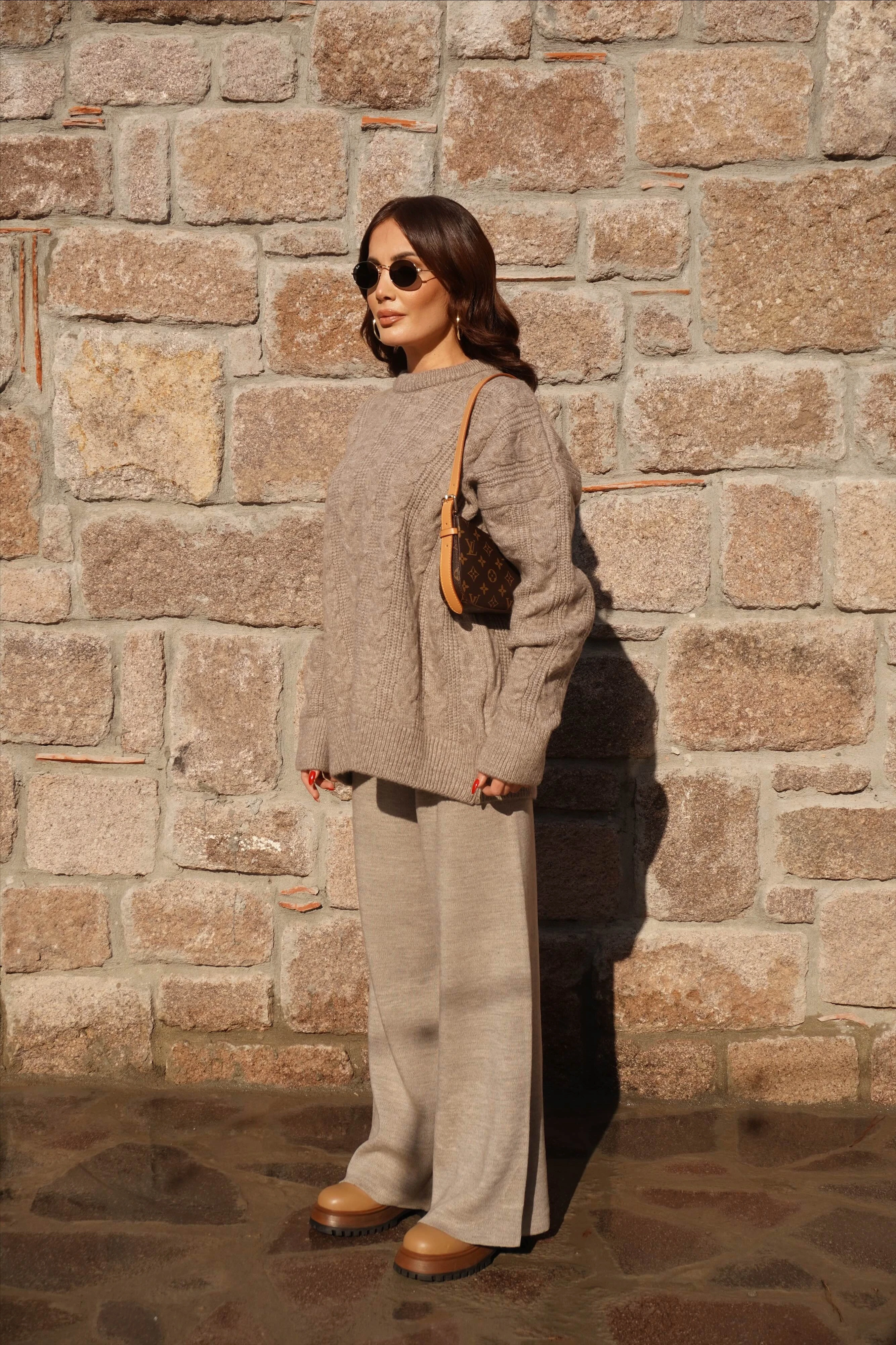 Vizon Saç Örgü Triko Kazak Pantolon Takım 