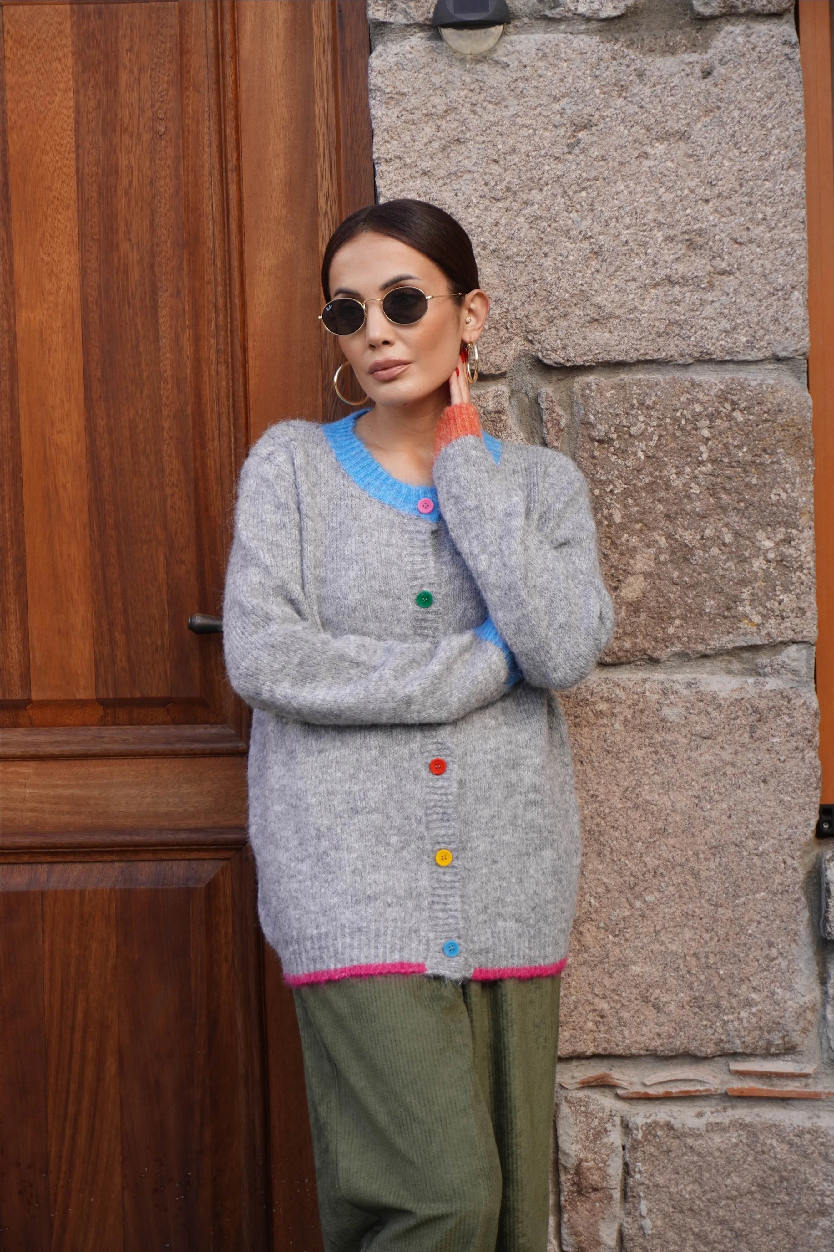 Renk Detaylı Gri Triko Hırka