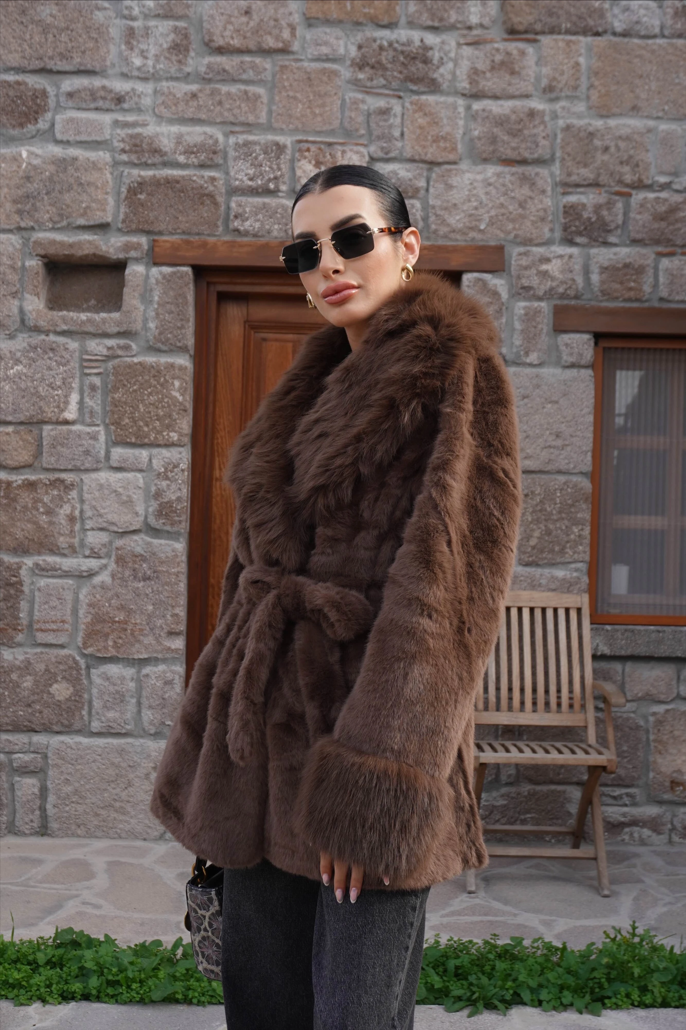 İthal Premium Kürk Yaka Kahverengi Peluş Kaban