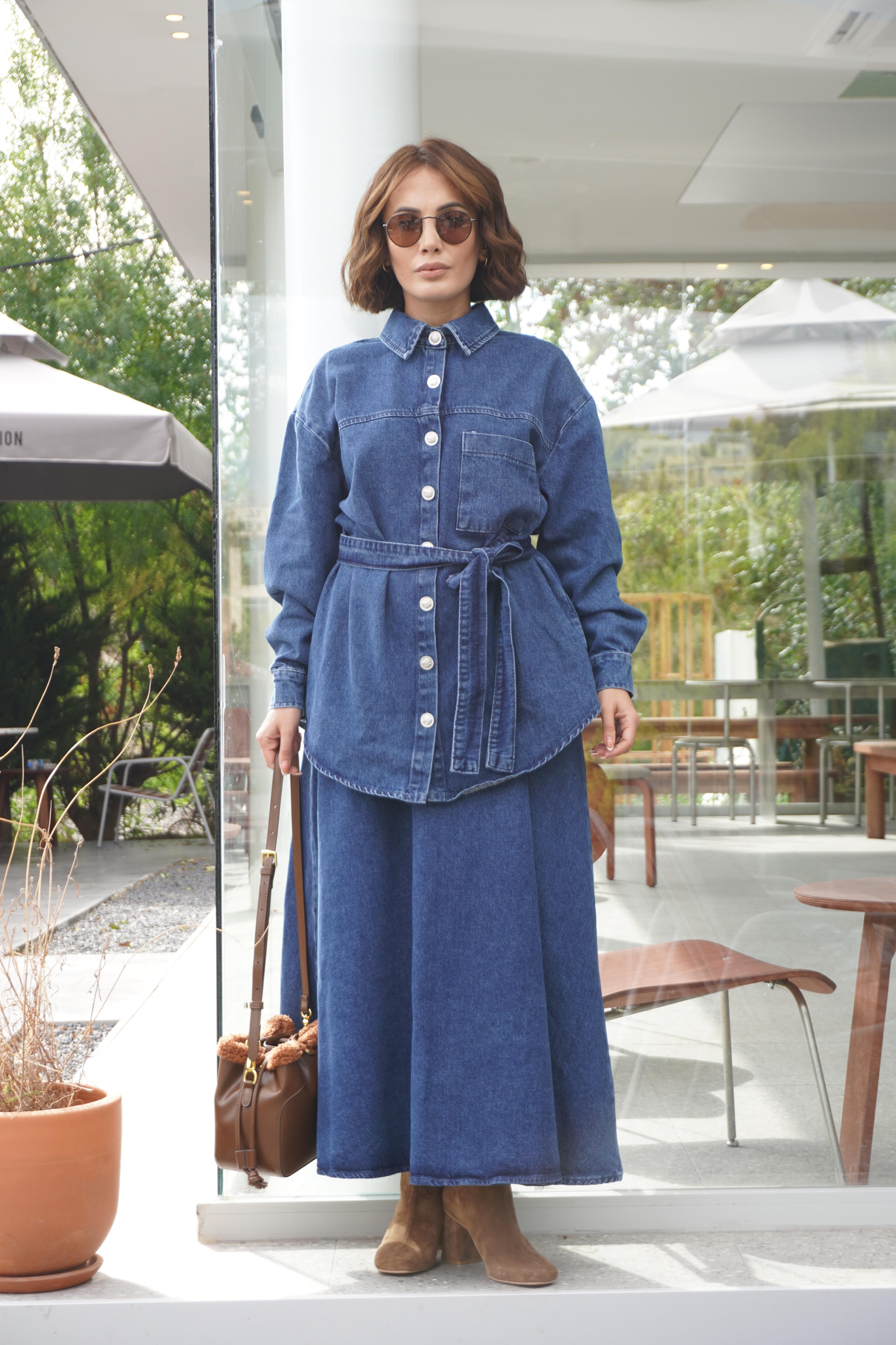 Premium Maxi Denim Etek Oversize Kemerli Gömlek Takım