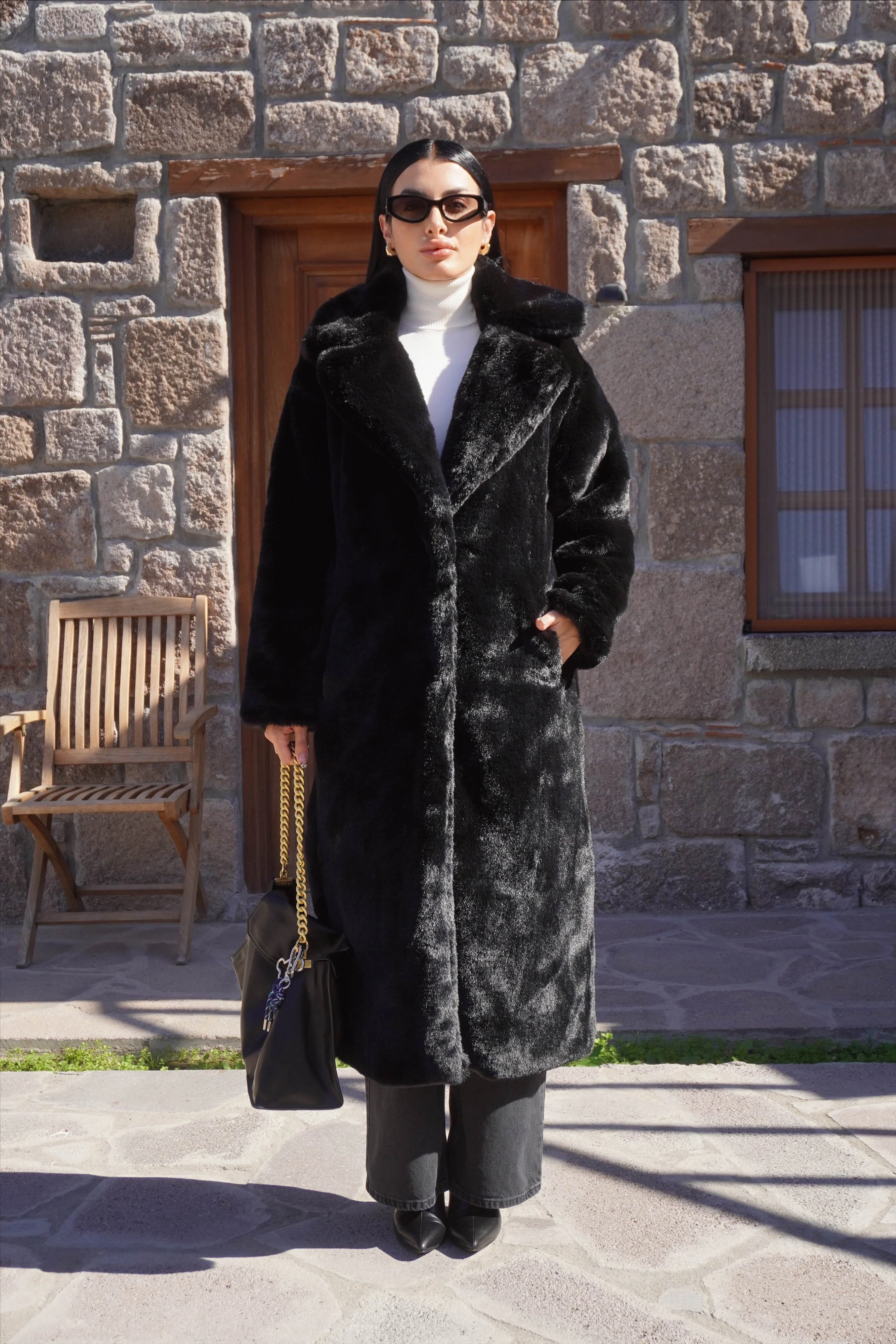 Premium Siyah Peluş Tam Boy Kürk Kaban 