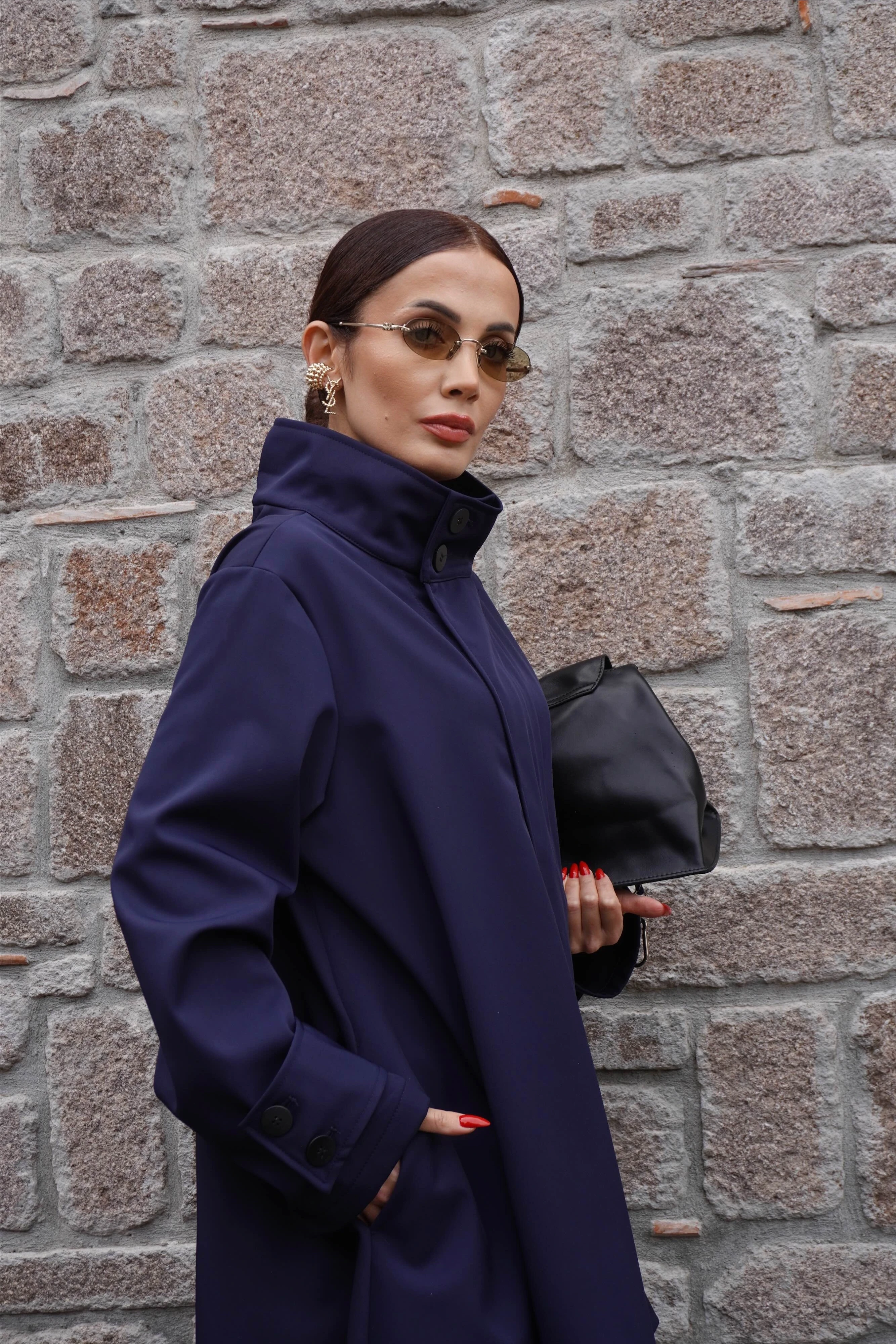 İthal Tasarım Asimetrik Kesim Lacivert Trençkot