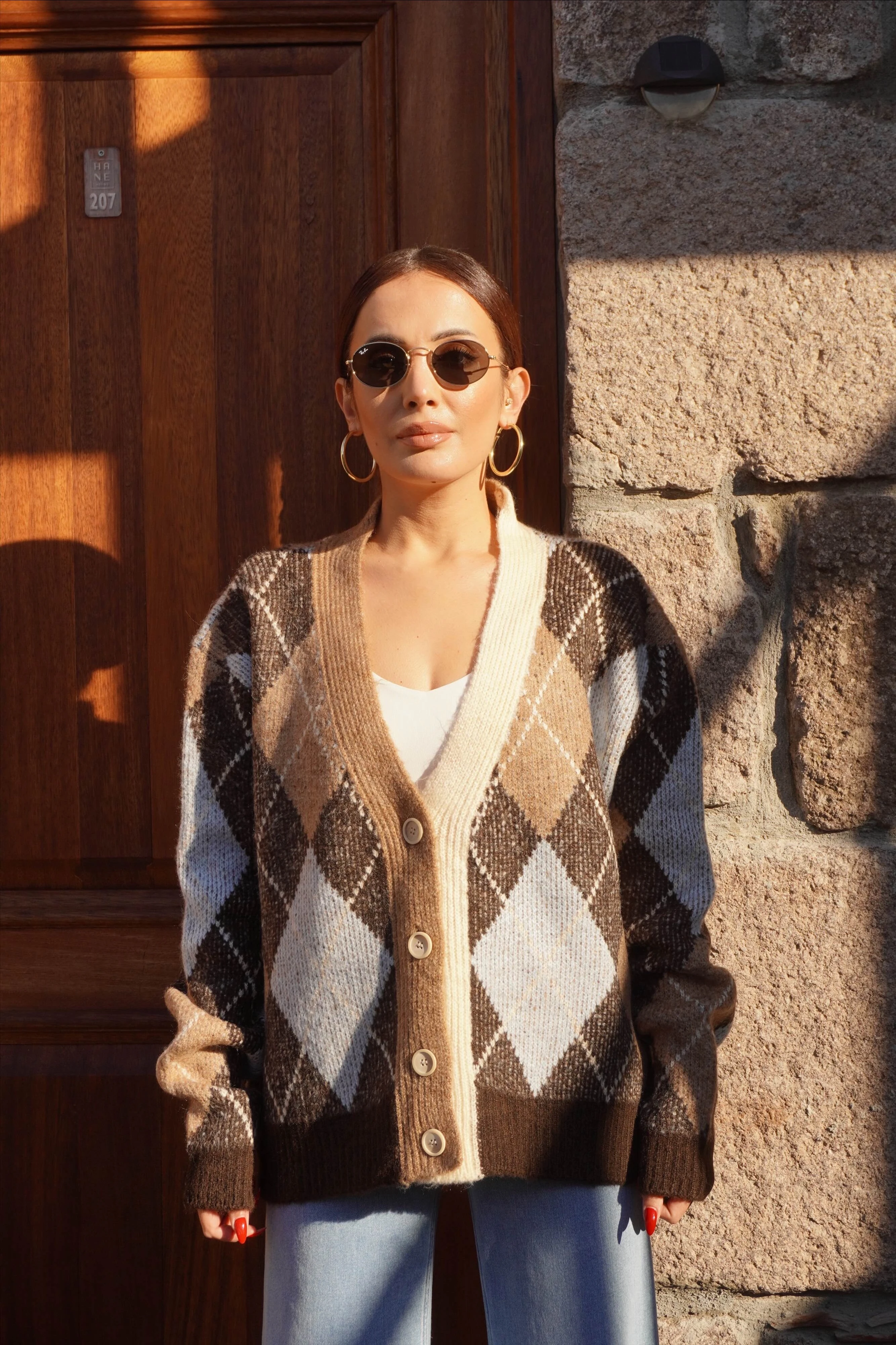 Baklava Desen Kahve Mavi Hırka