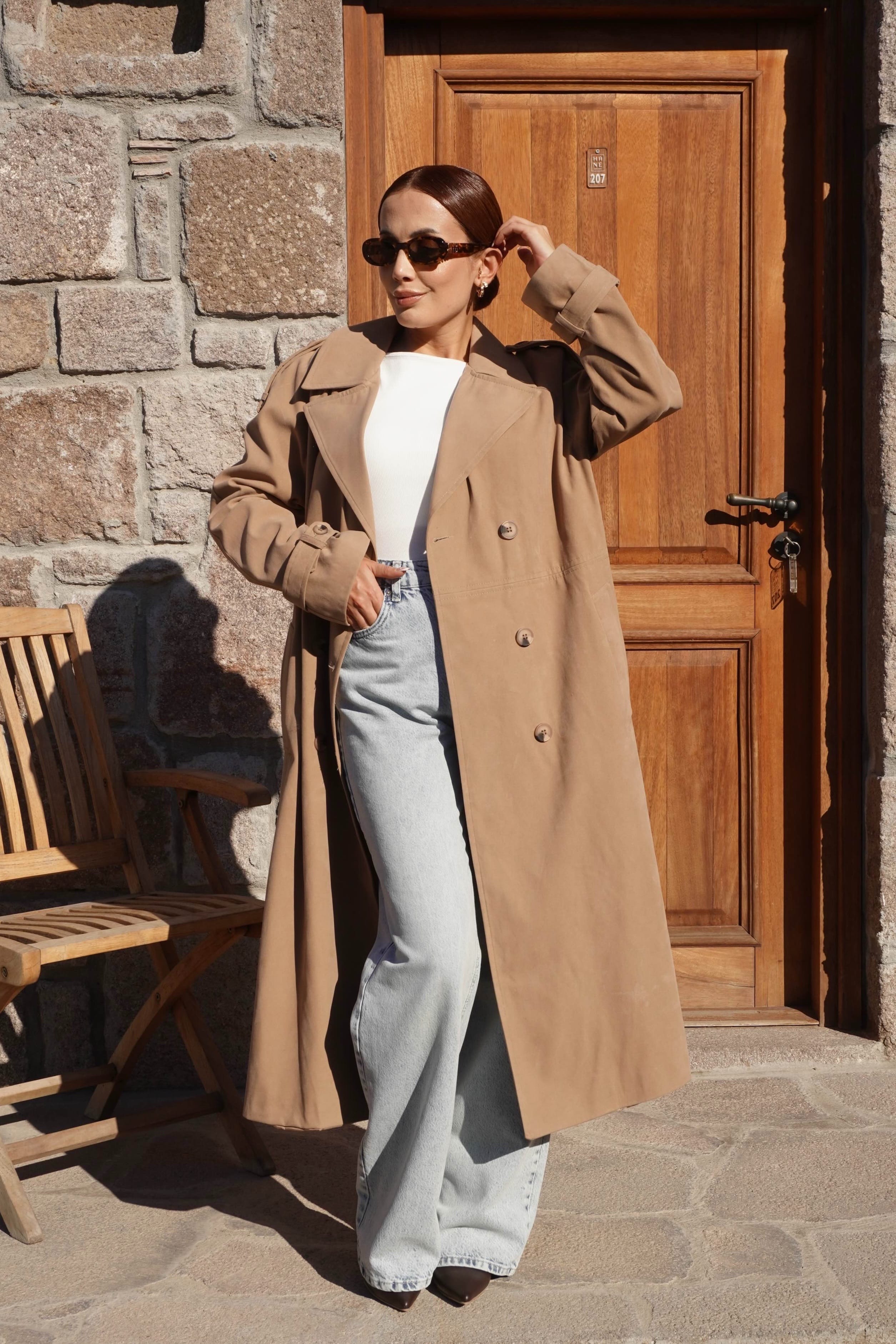Premium Süet Dokulu Camel Trençkot 