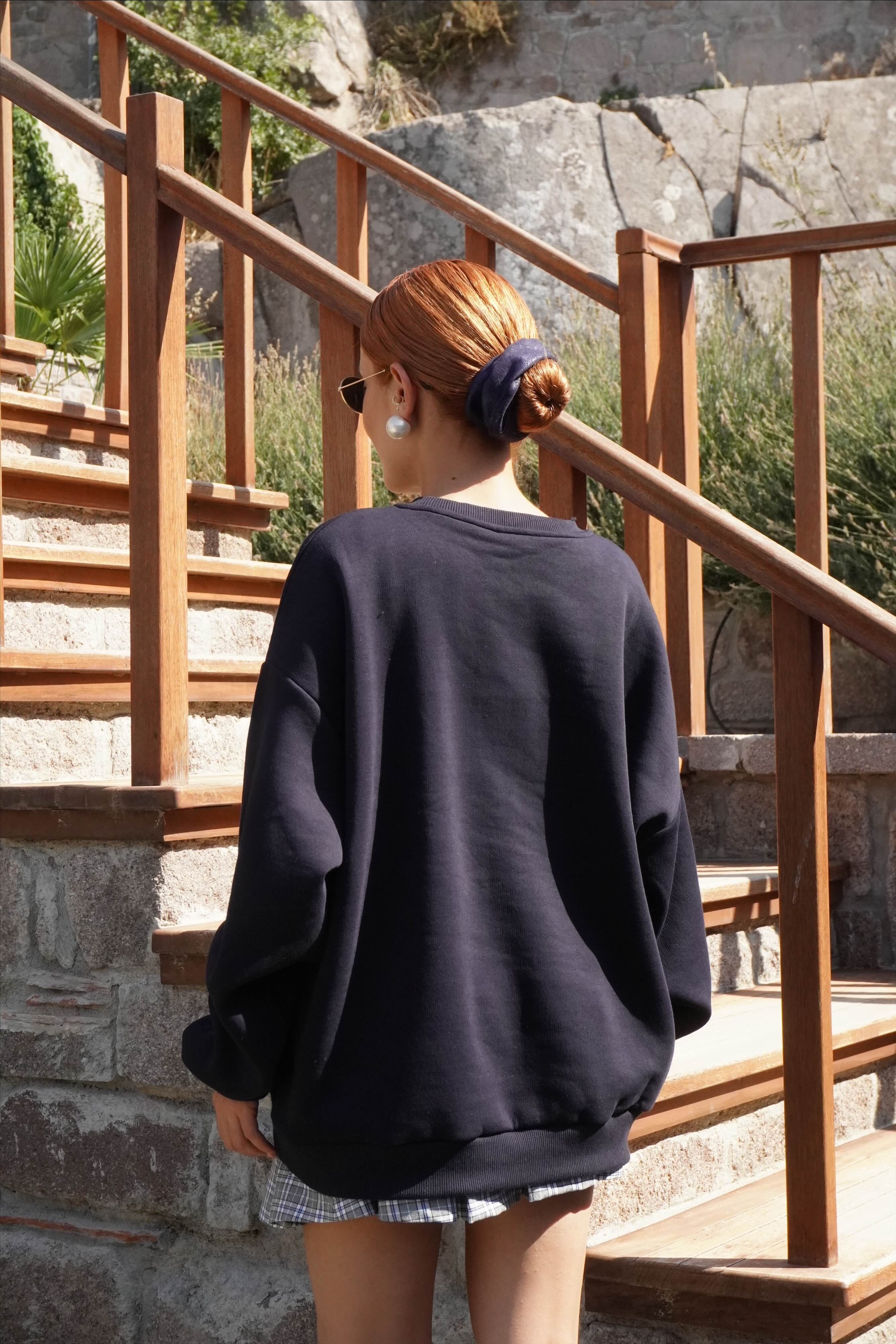 Ekose Desenli Etek Yazı Detaylı Oversize Sweat Takım 