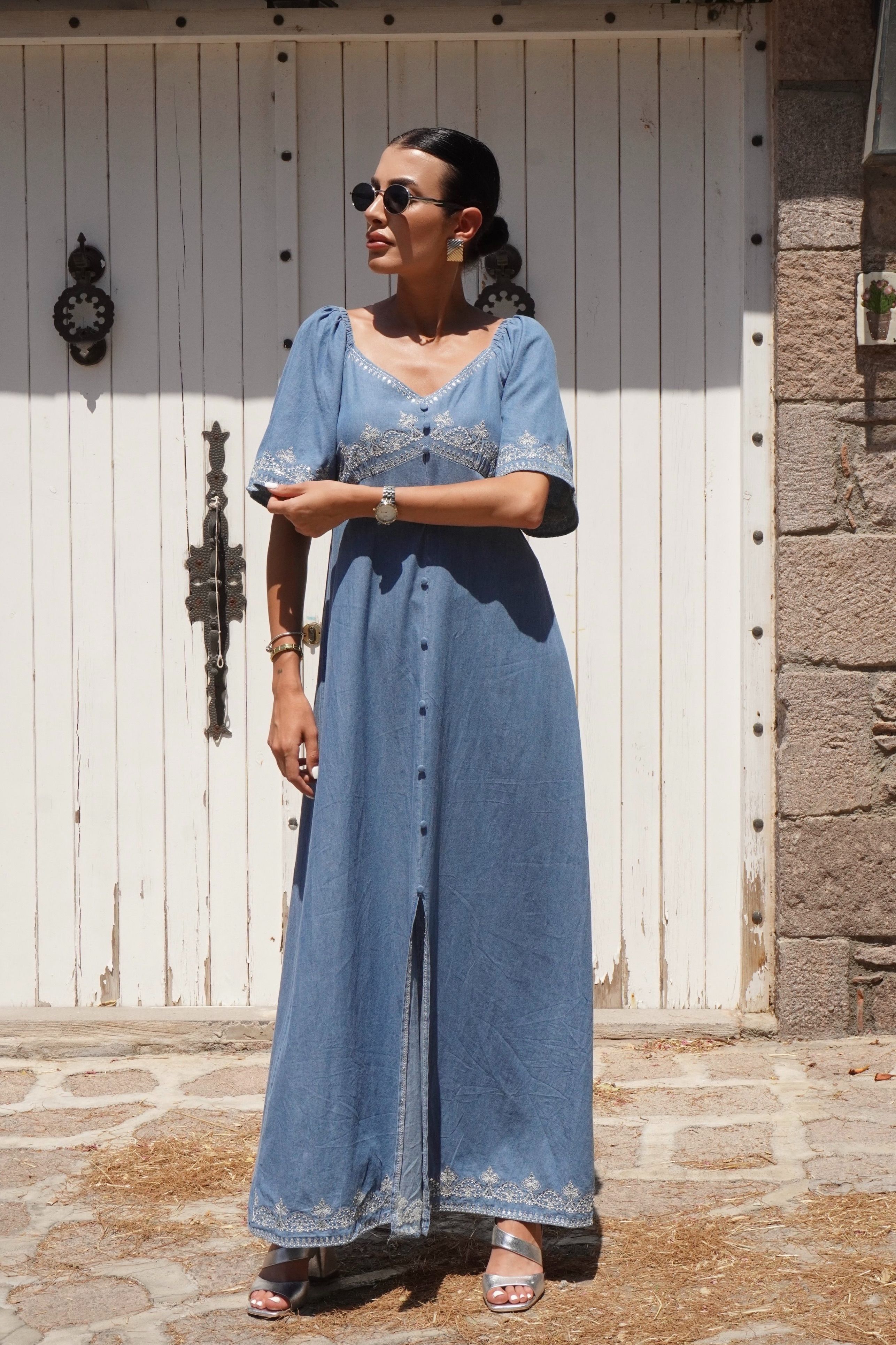 Premium Pull Boncuk Nakış Detaylı İnce Maxi Denim Elbise 