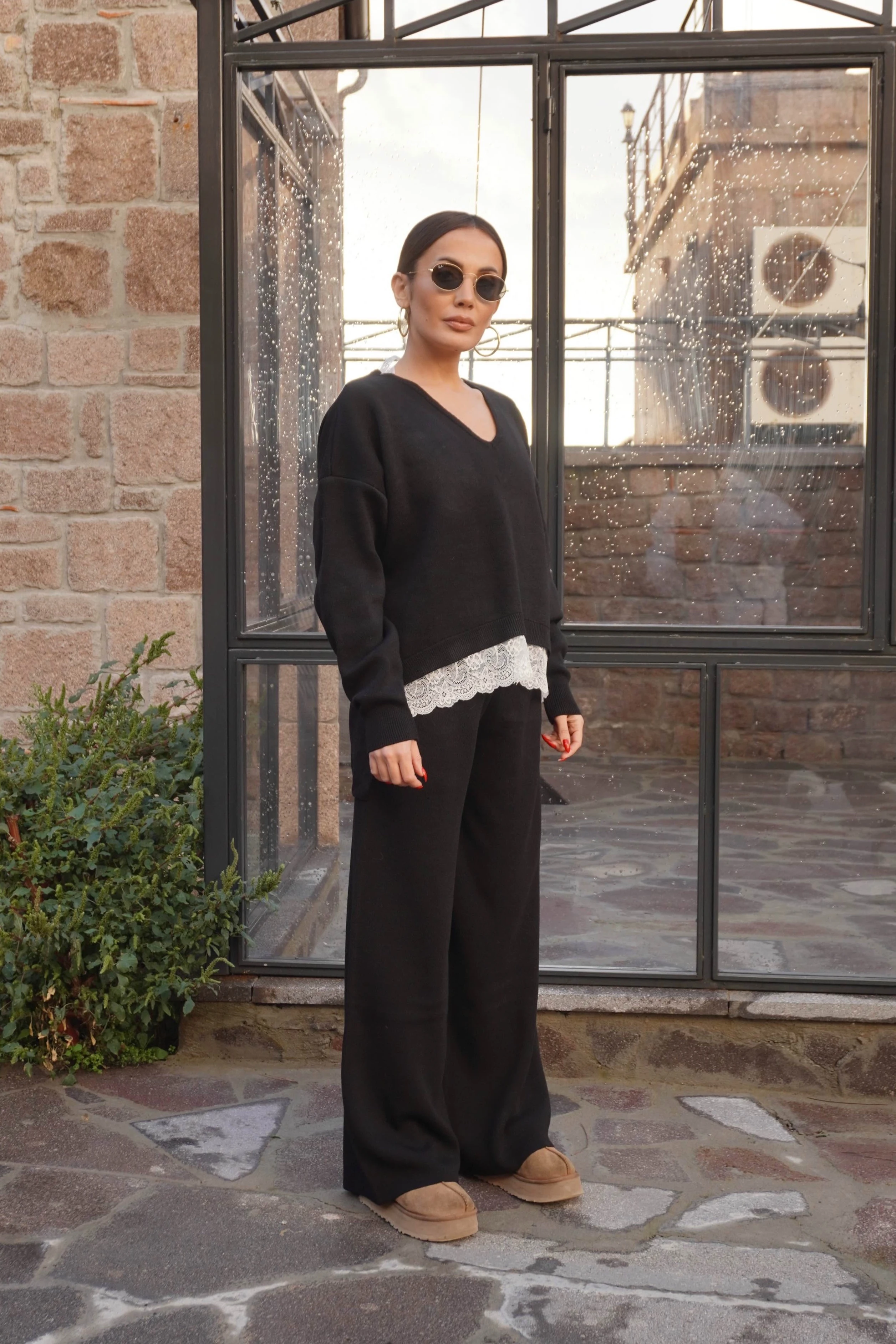 Dantel Detaylı Triko Kazak Pantolon