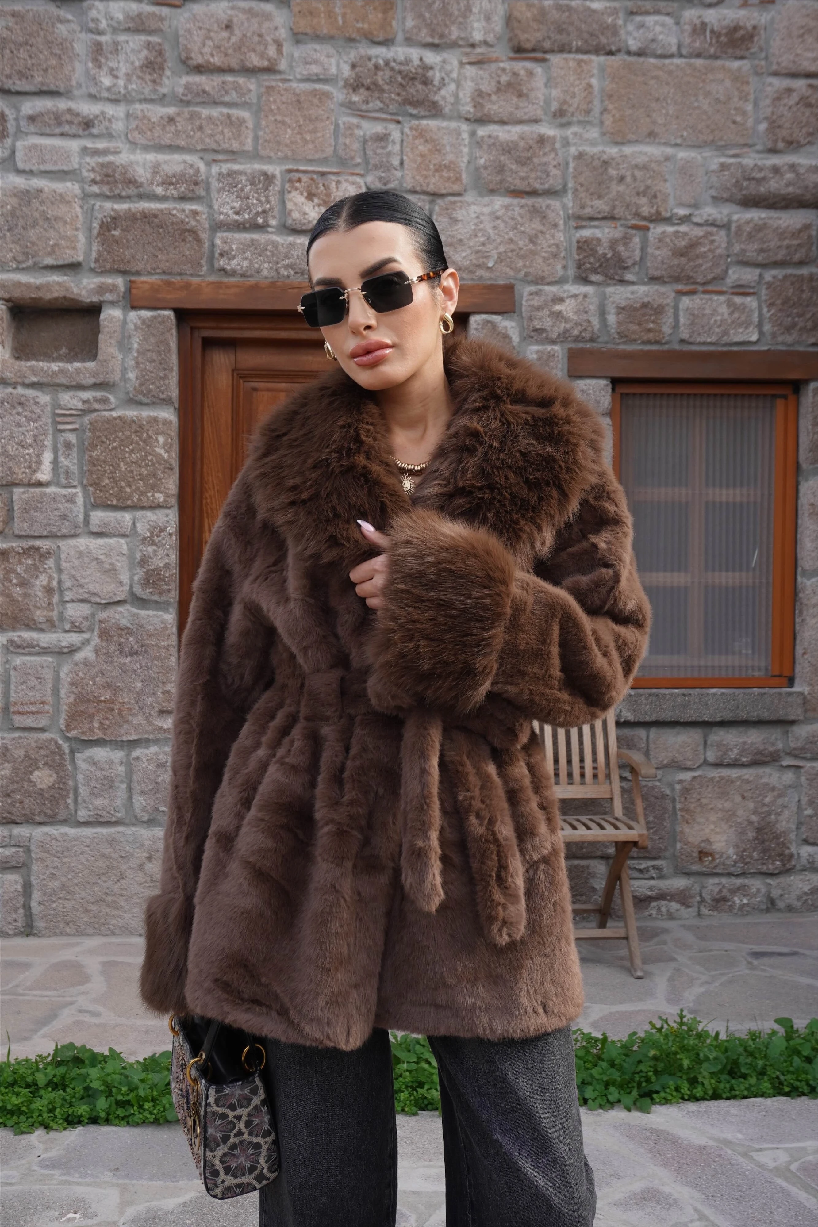 İthal Premium Kürk Yaka Kahverengi Peluş Kaban