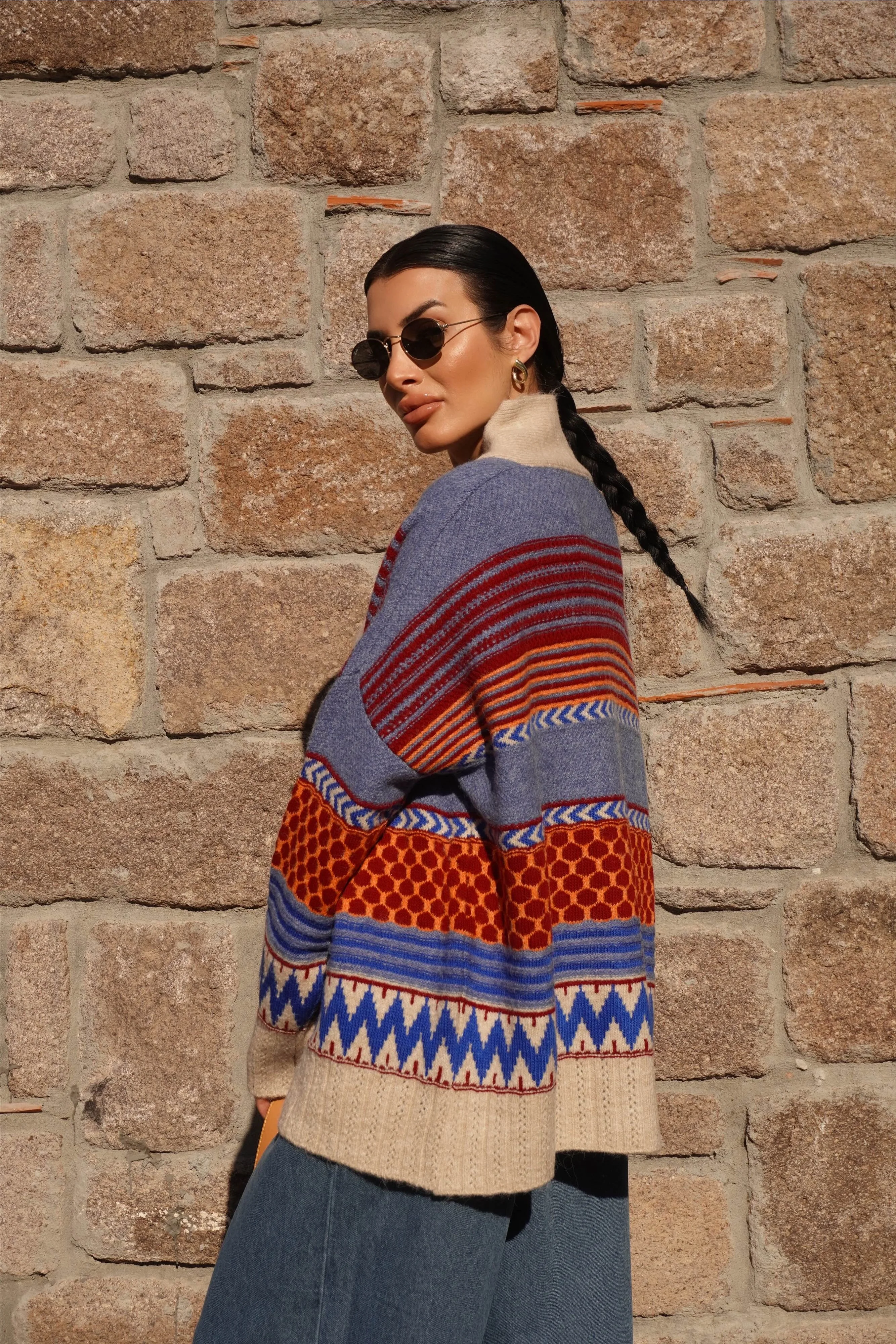 Kemer Detaylı Oversize Taş-İndigo Hırka