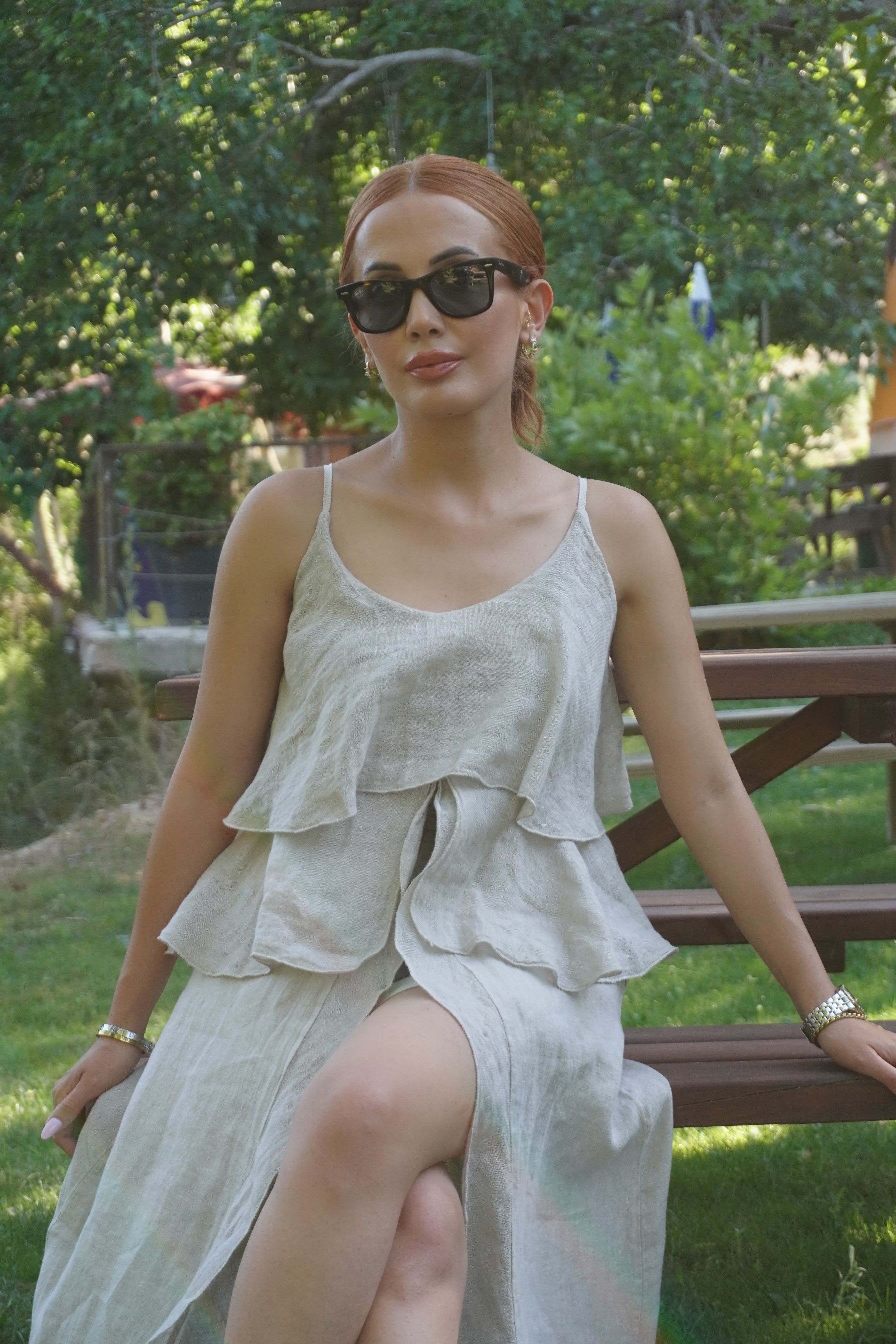 İthal Premium %100 Keten Şortlu Bej Elbise