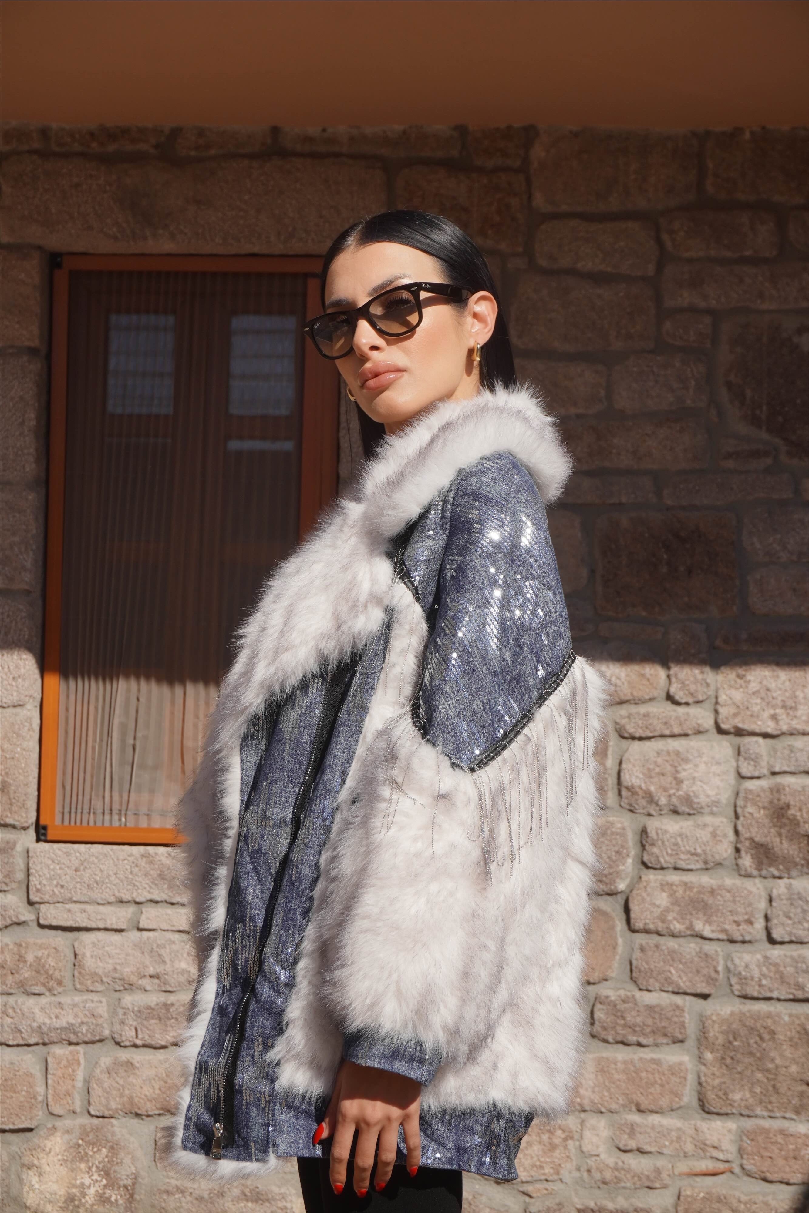 İthal Tasarım Premium Denim Detaylı Pul Dikişli Kürk Mont