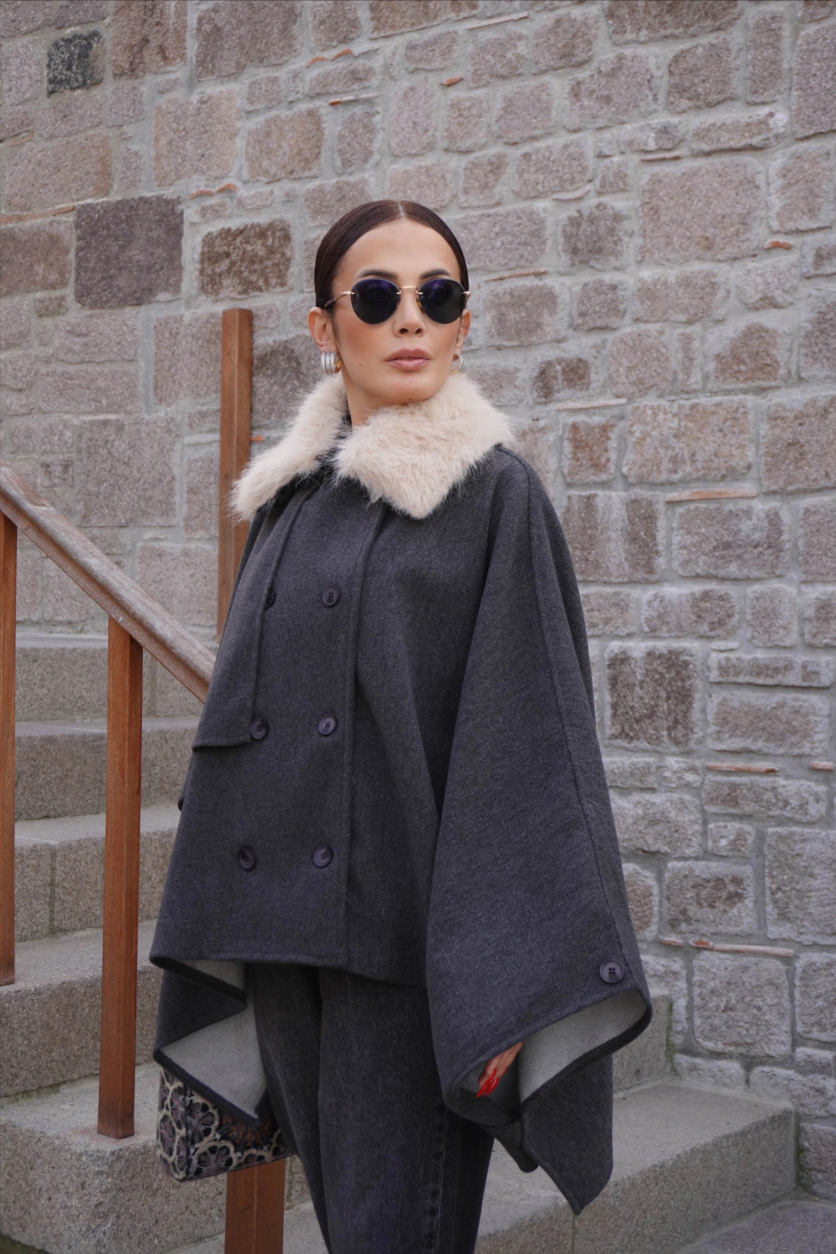 Portatif Kürk Yaka Kaşe Gri Panço