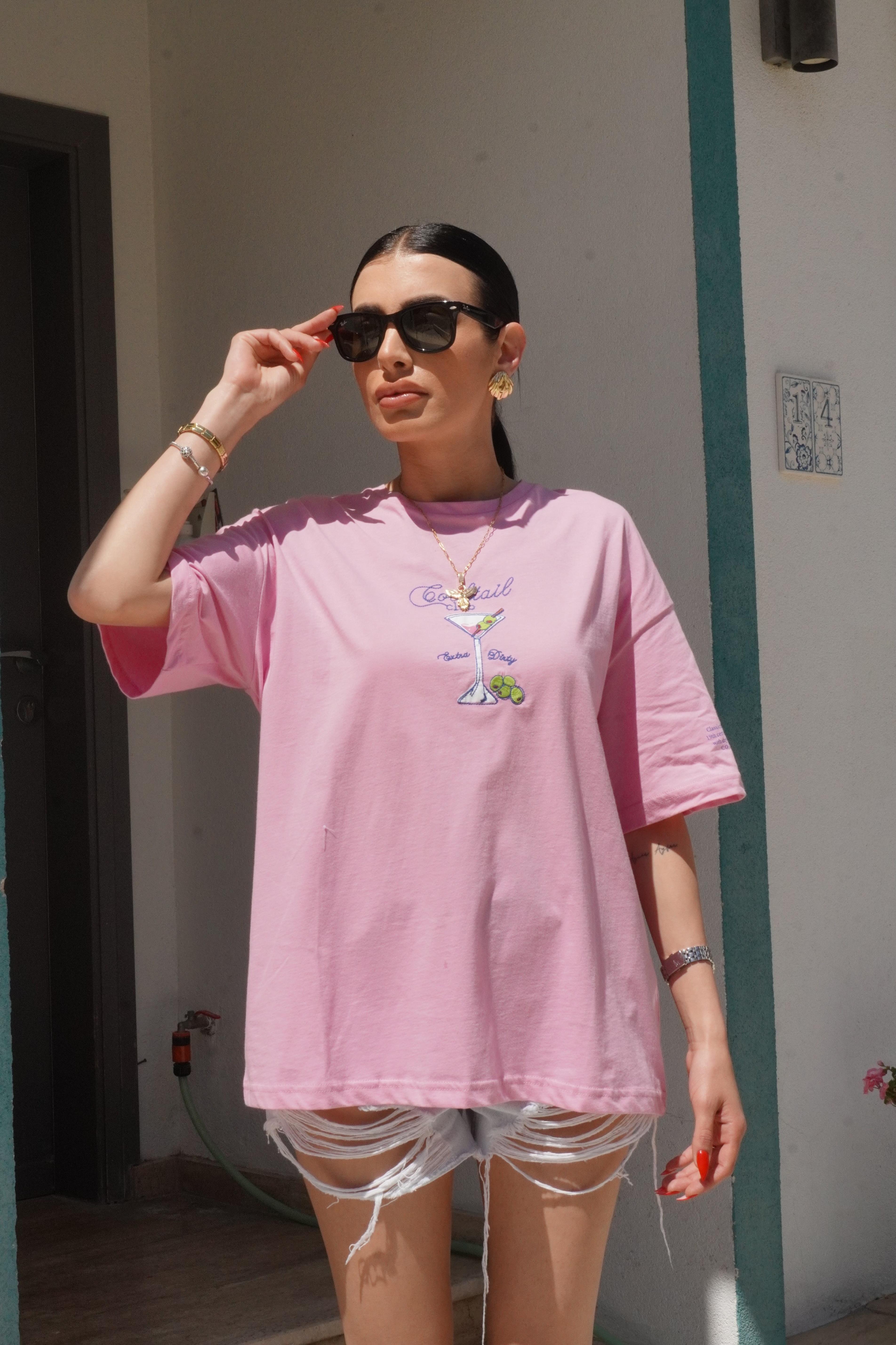 Bardak Baskılı Oversize Pembe Tişört
