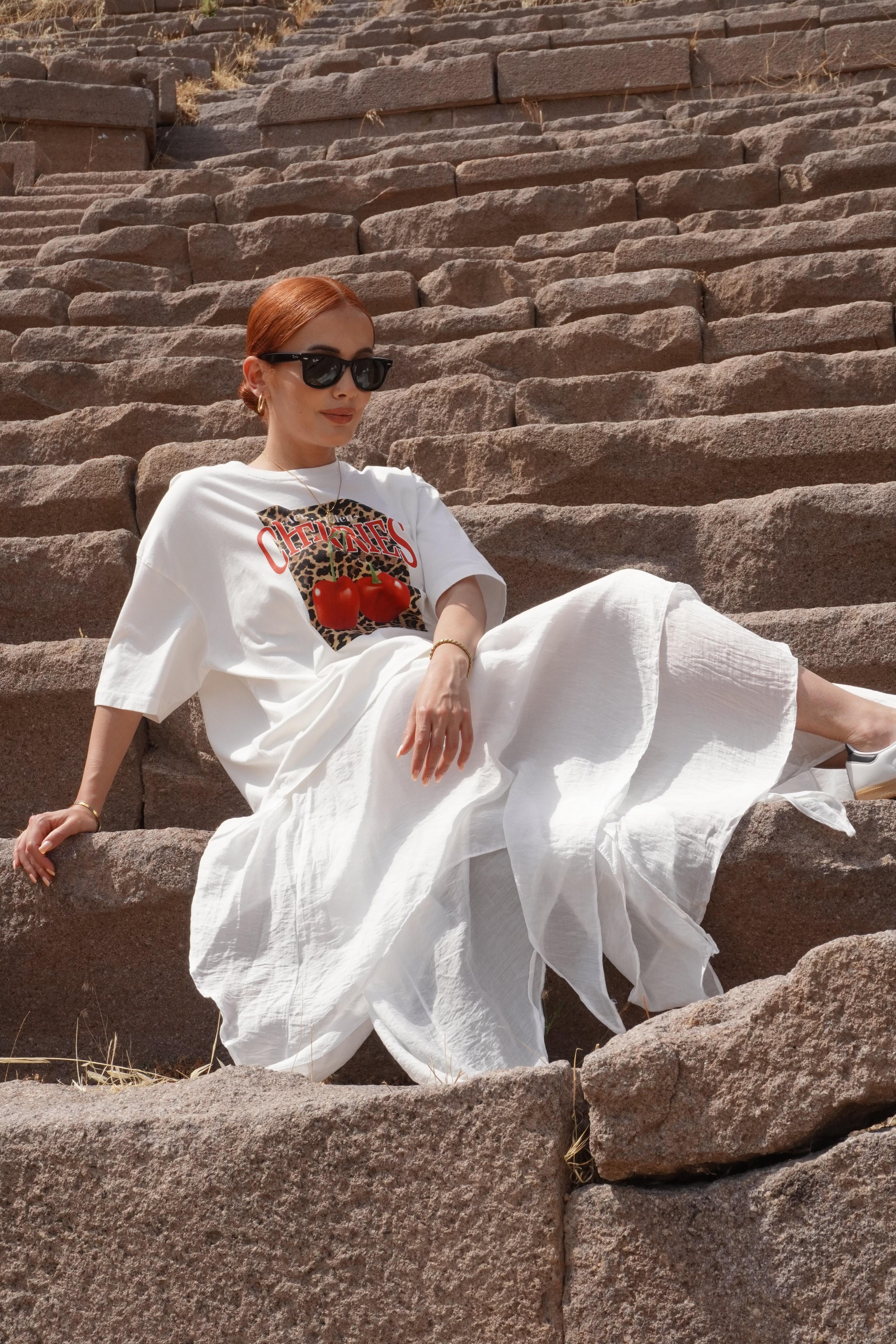 Kiraz Baskılı Oversize Tişört