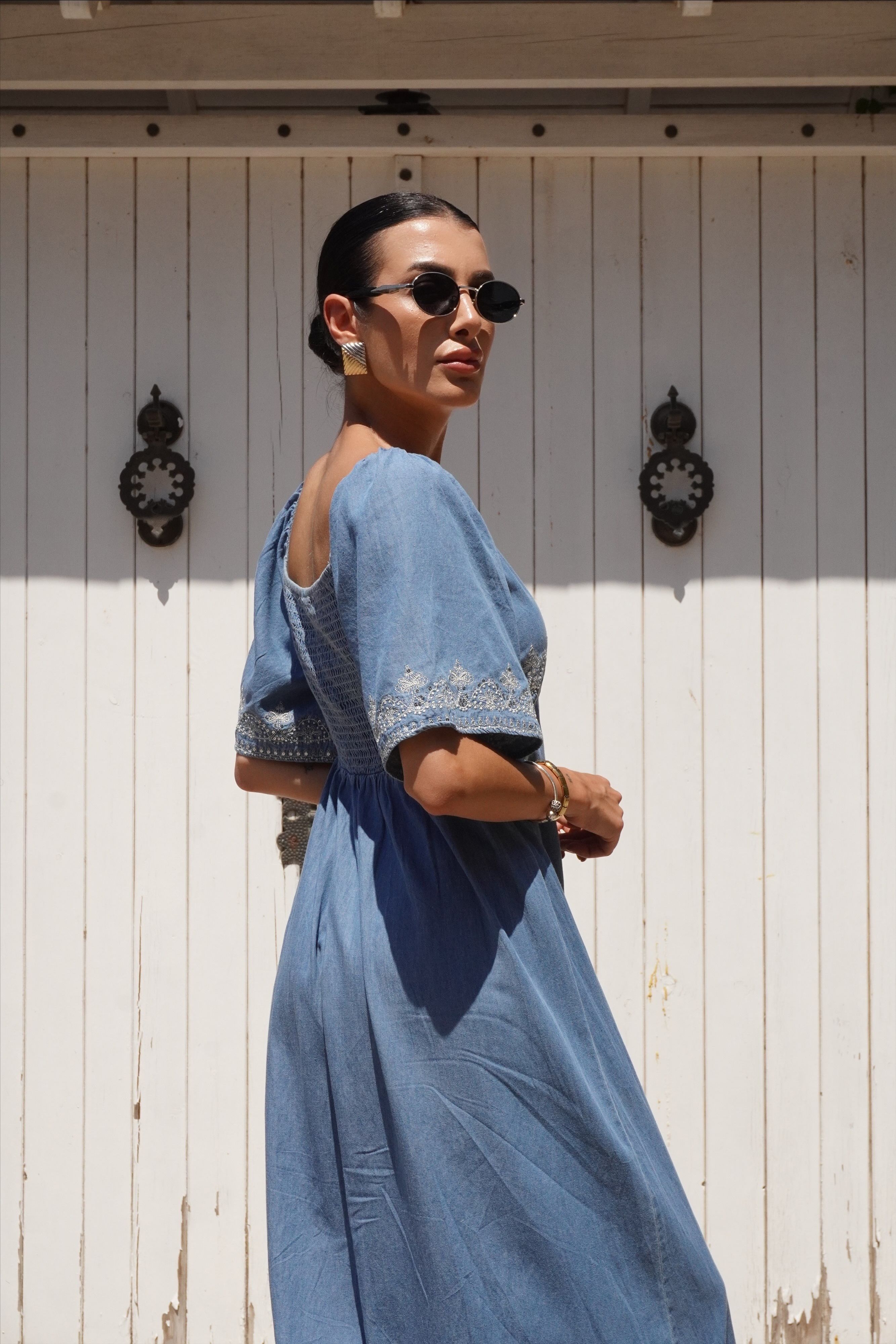 Premium Pull Boncuk Nakış Detaylı İnce Maxi Denim Elbise 