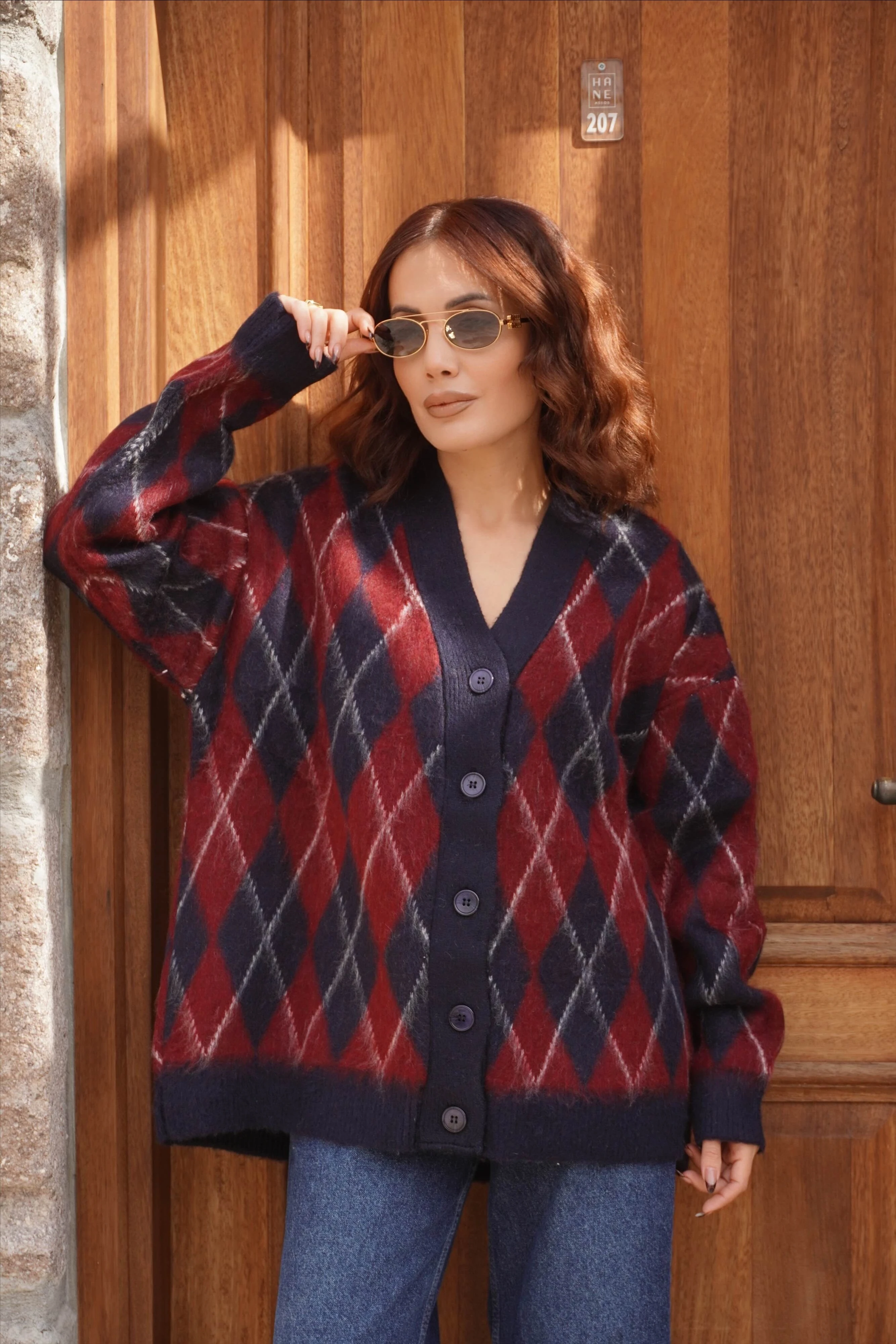 Oversize Standart Beden Baklava Desen Sakallı Hırka