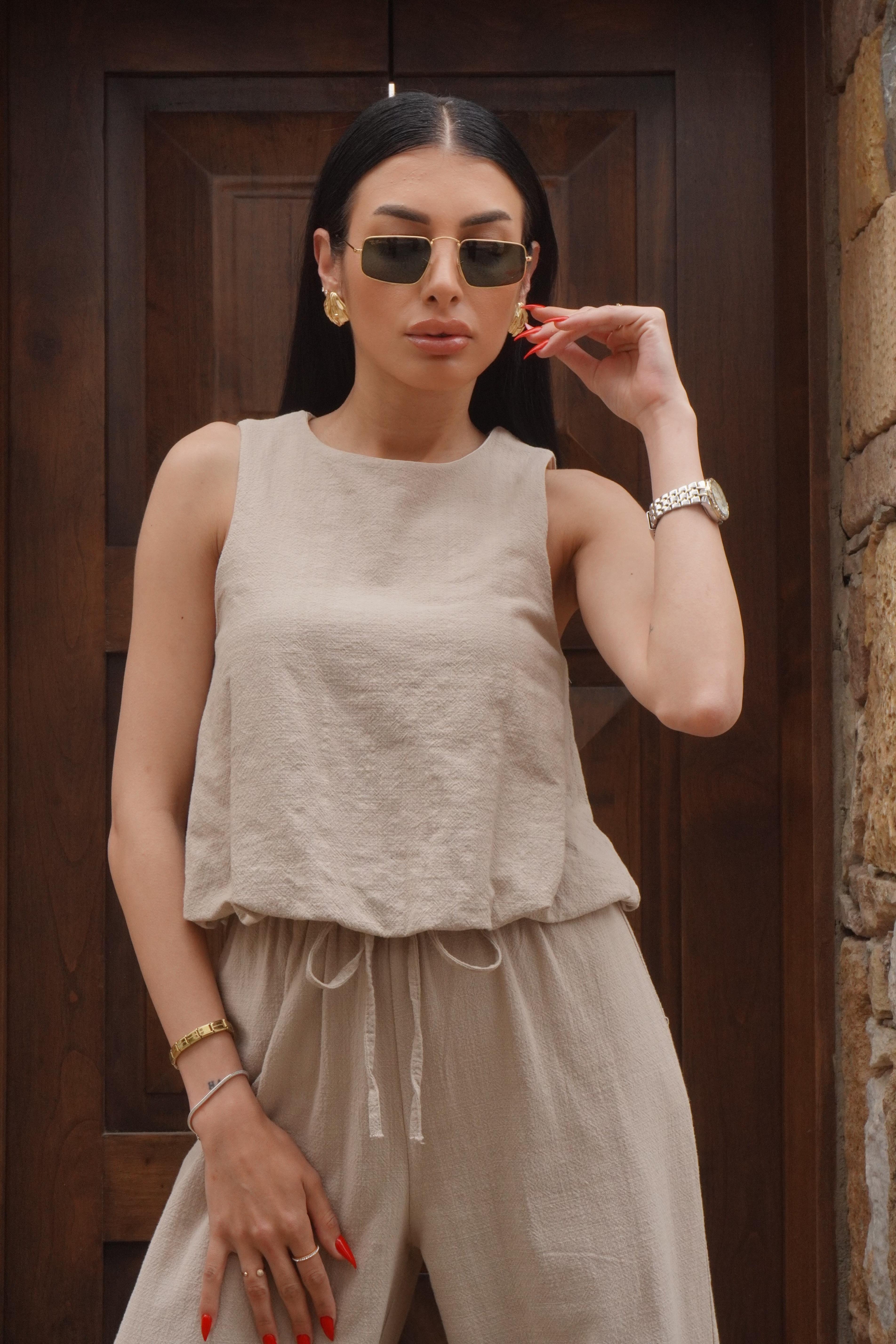 Keten Palazzo Pantolon Bluz Takım 