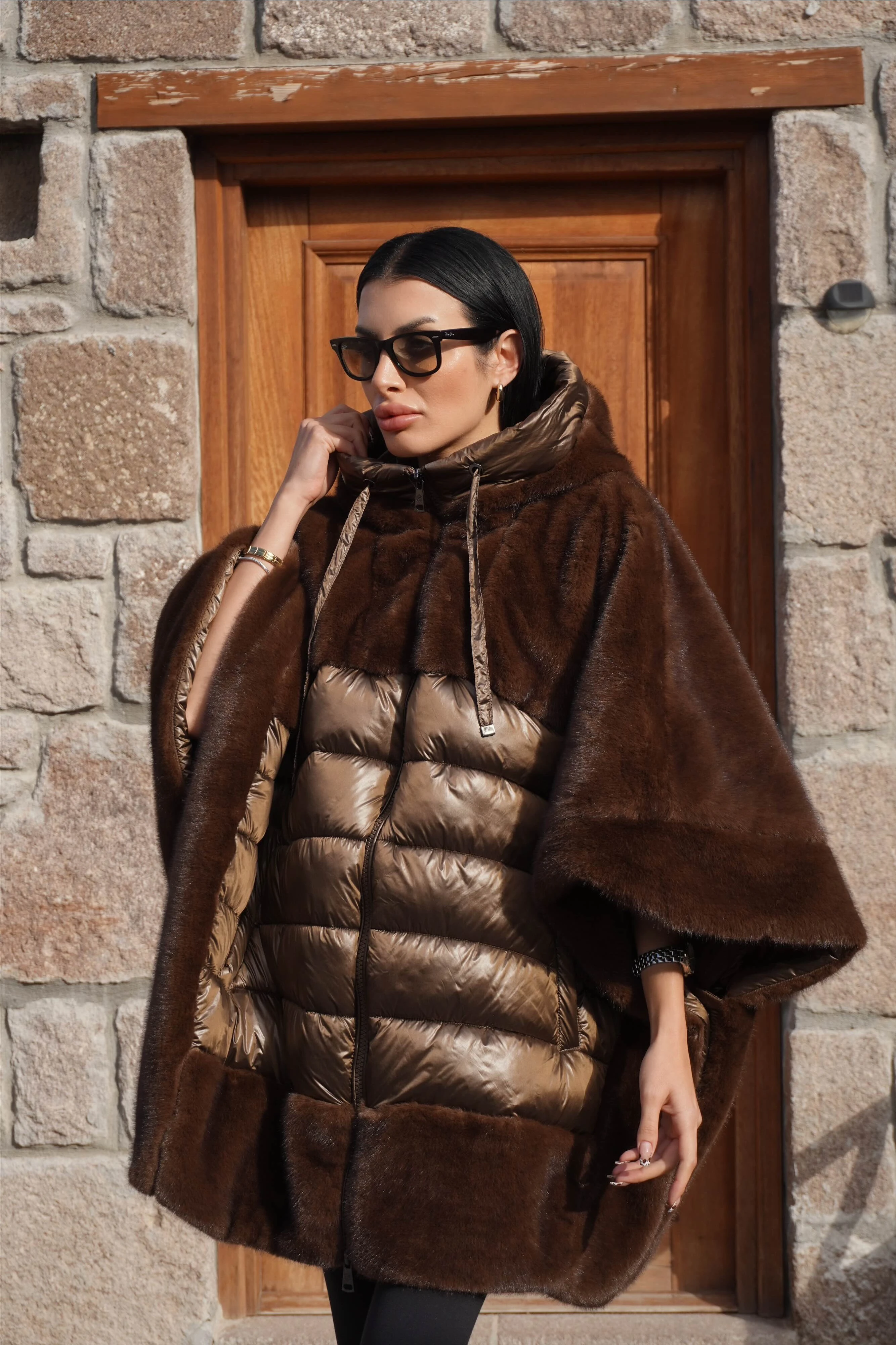 İthal Tasarım Premium Kürk Detaylı Manto  - Kahve