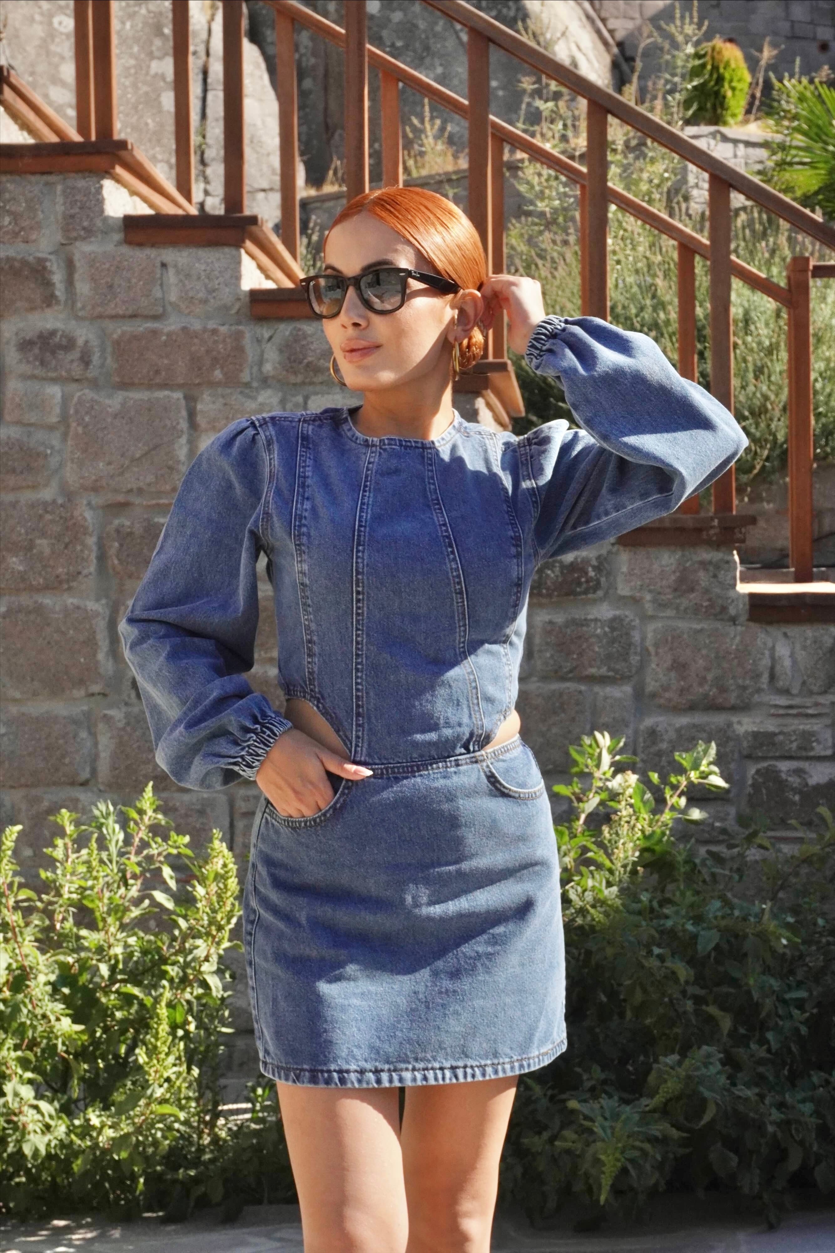 Pencere Detaylı Balon Kol Denim Elbise 