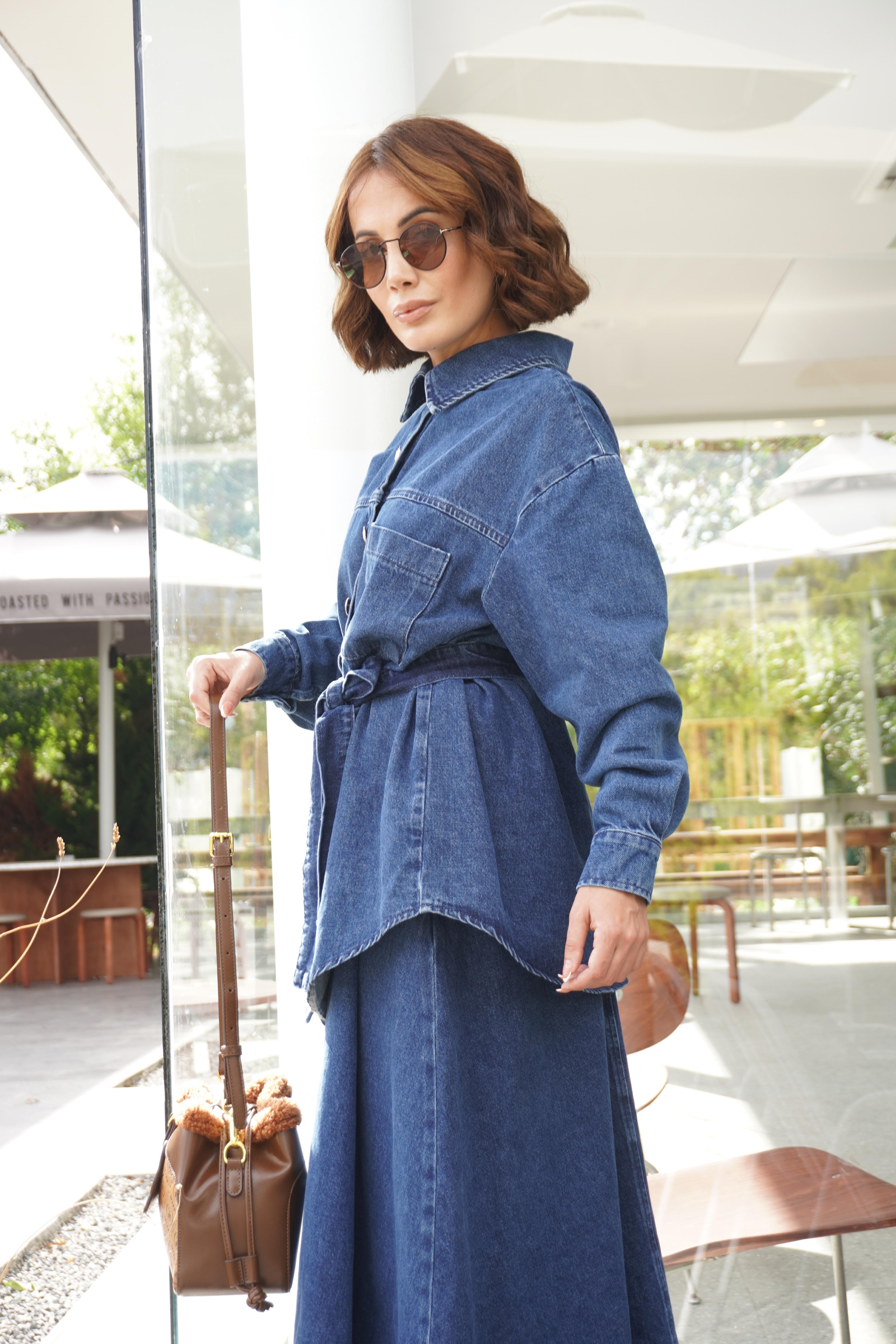 Premium Maxi Denim Etek Oversize Kemerli Gömlek Takım