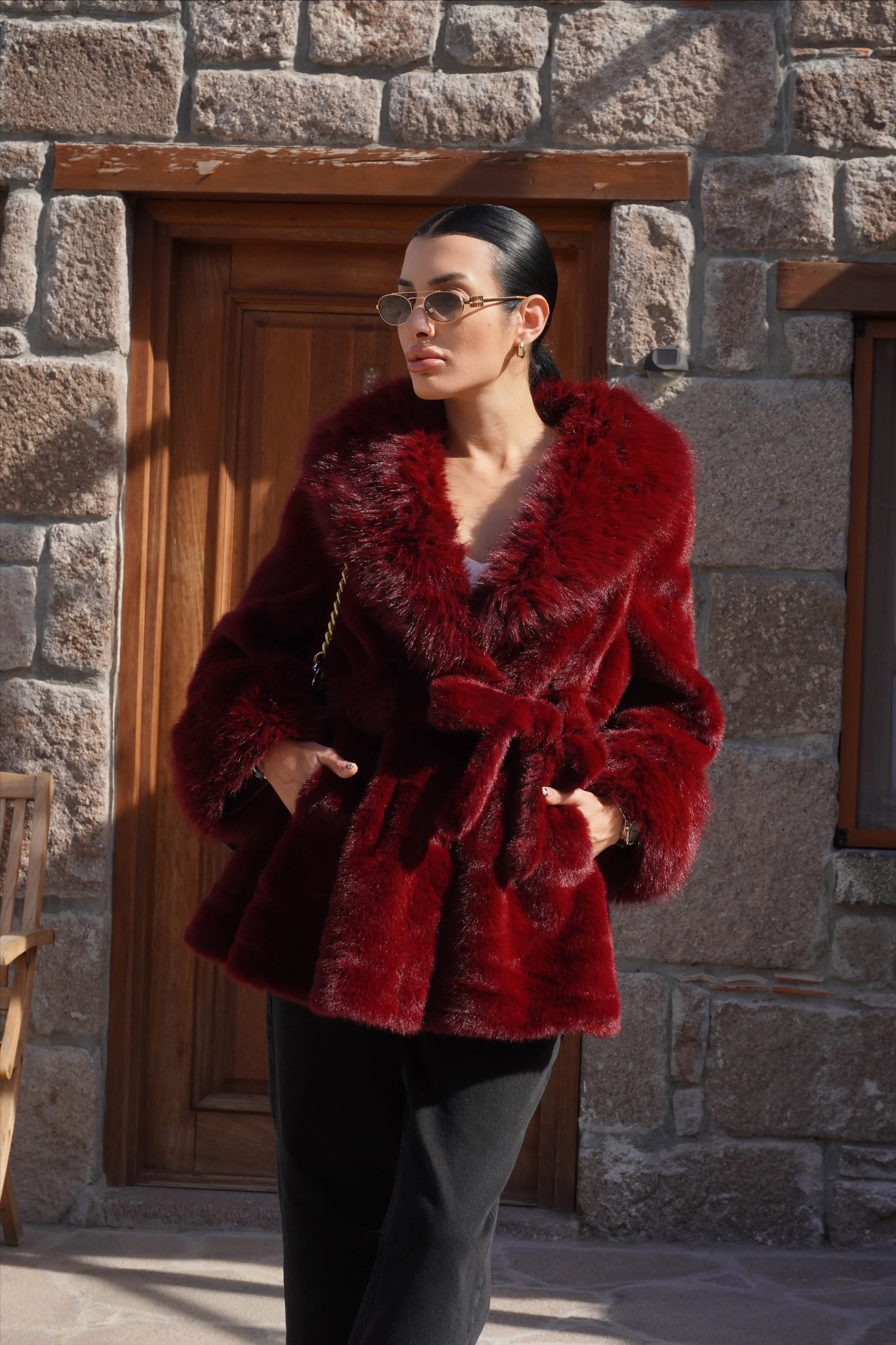 İthal Premium Kürk Yaka Bordo Peluş Kaban 