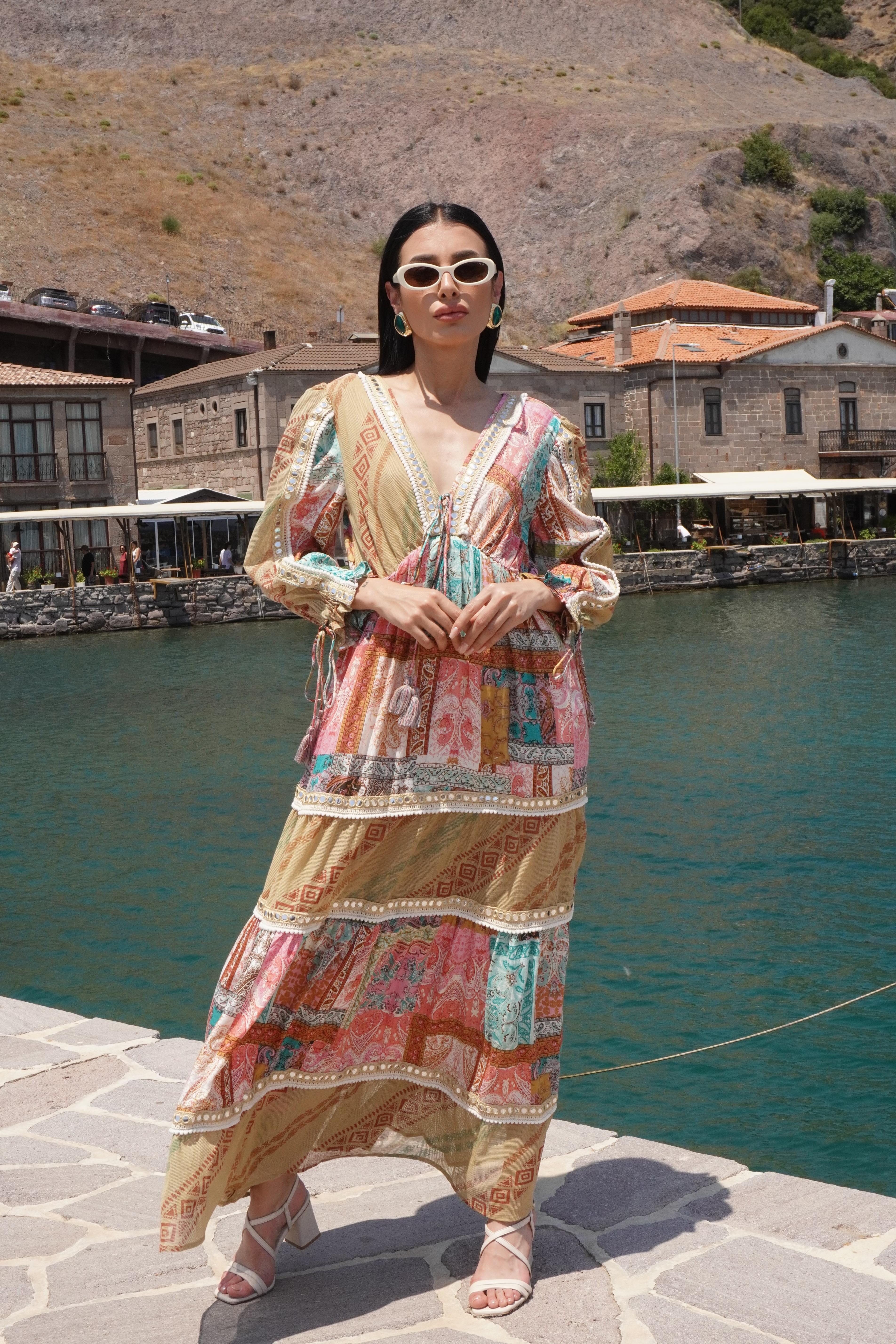 İthal Tasarım Patchwork Elbise 