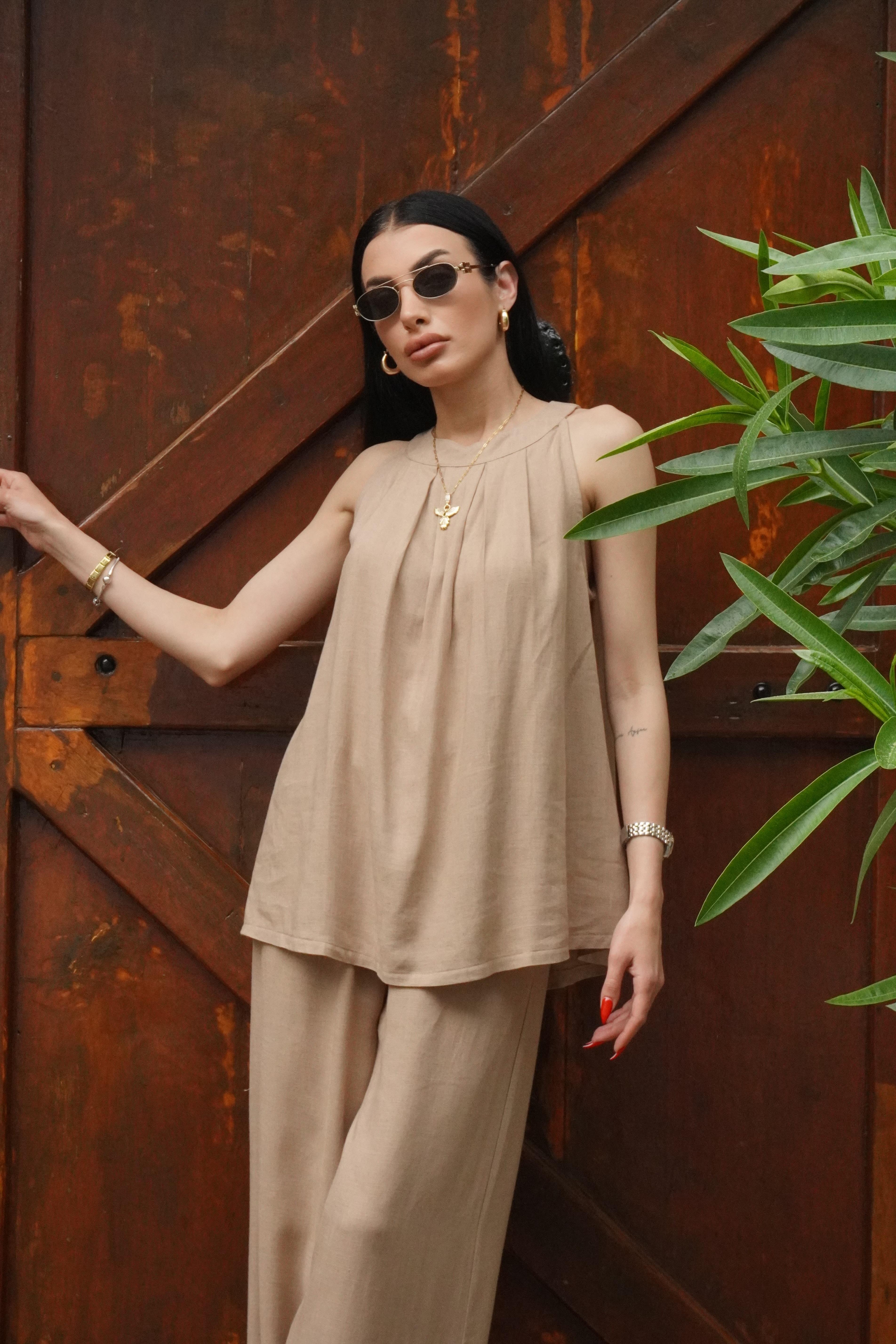 Camel Tensel Bluz Palazzo Takım