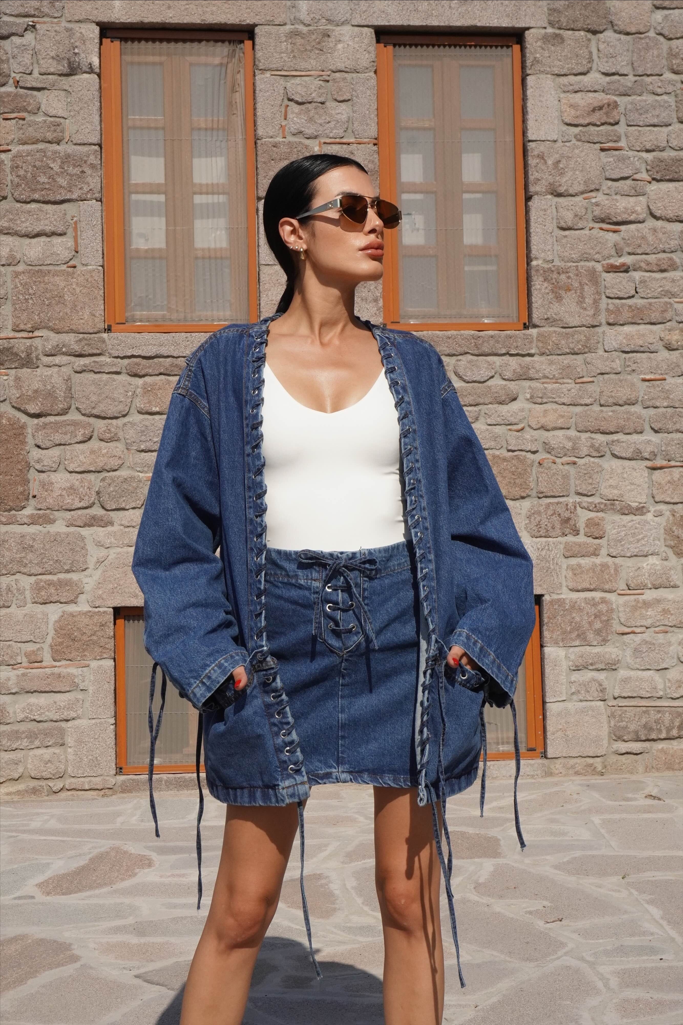 Kuşgözlü Denim Ceket Etek Takım