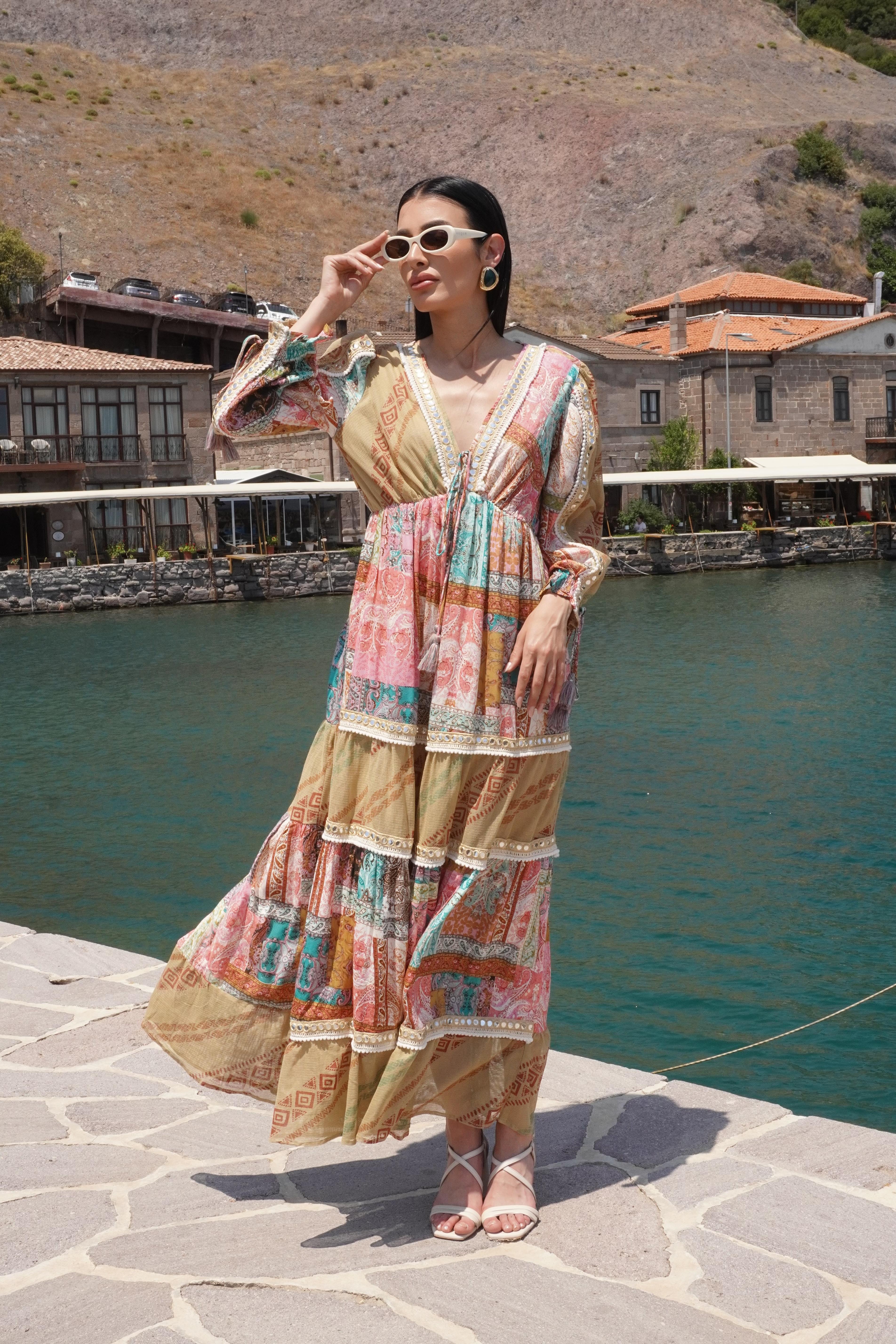 İthal Tasarım Patchwork Elbise 