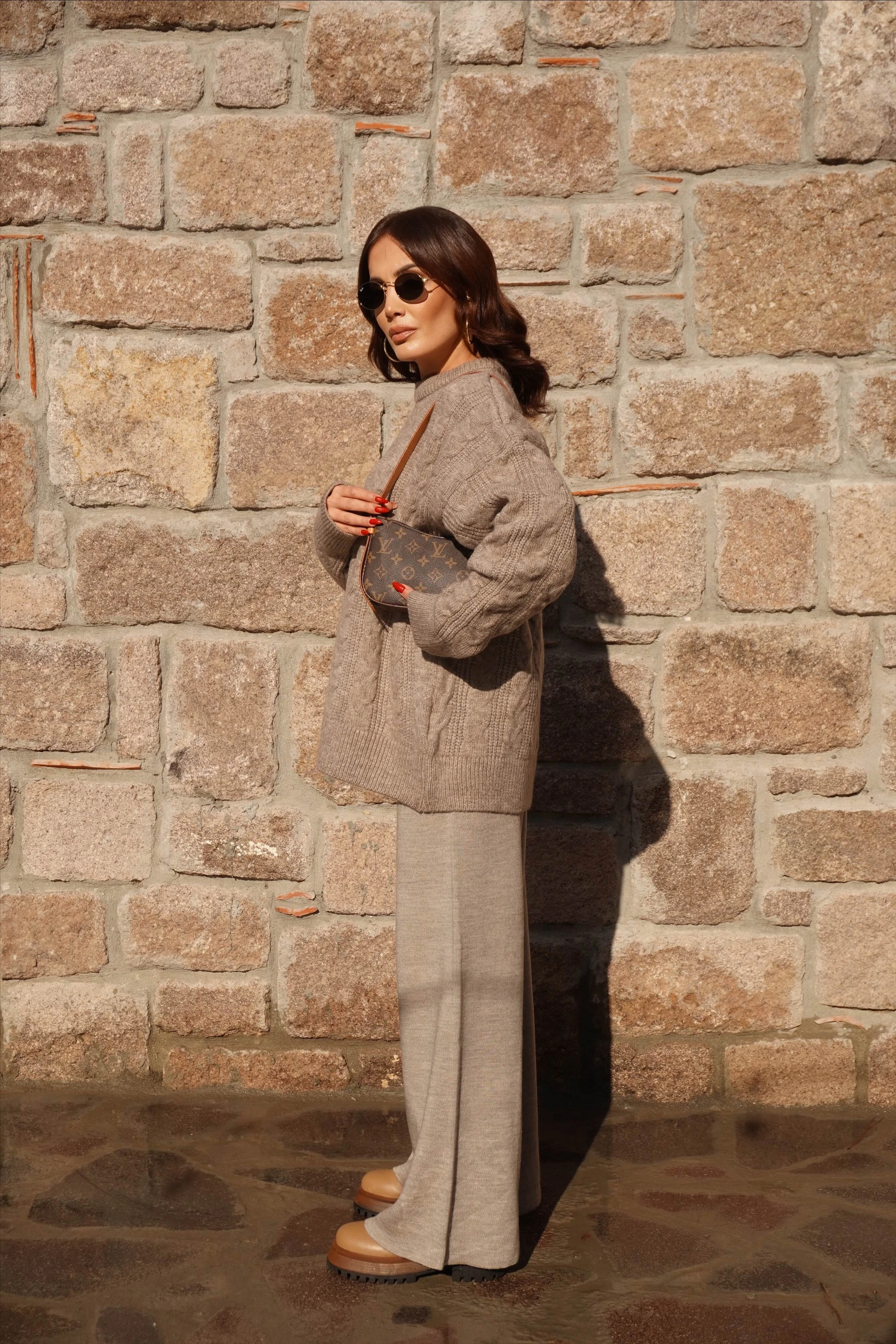 Vizon Saç Örgü Triko Kazak Pantolon Takım 