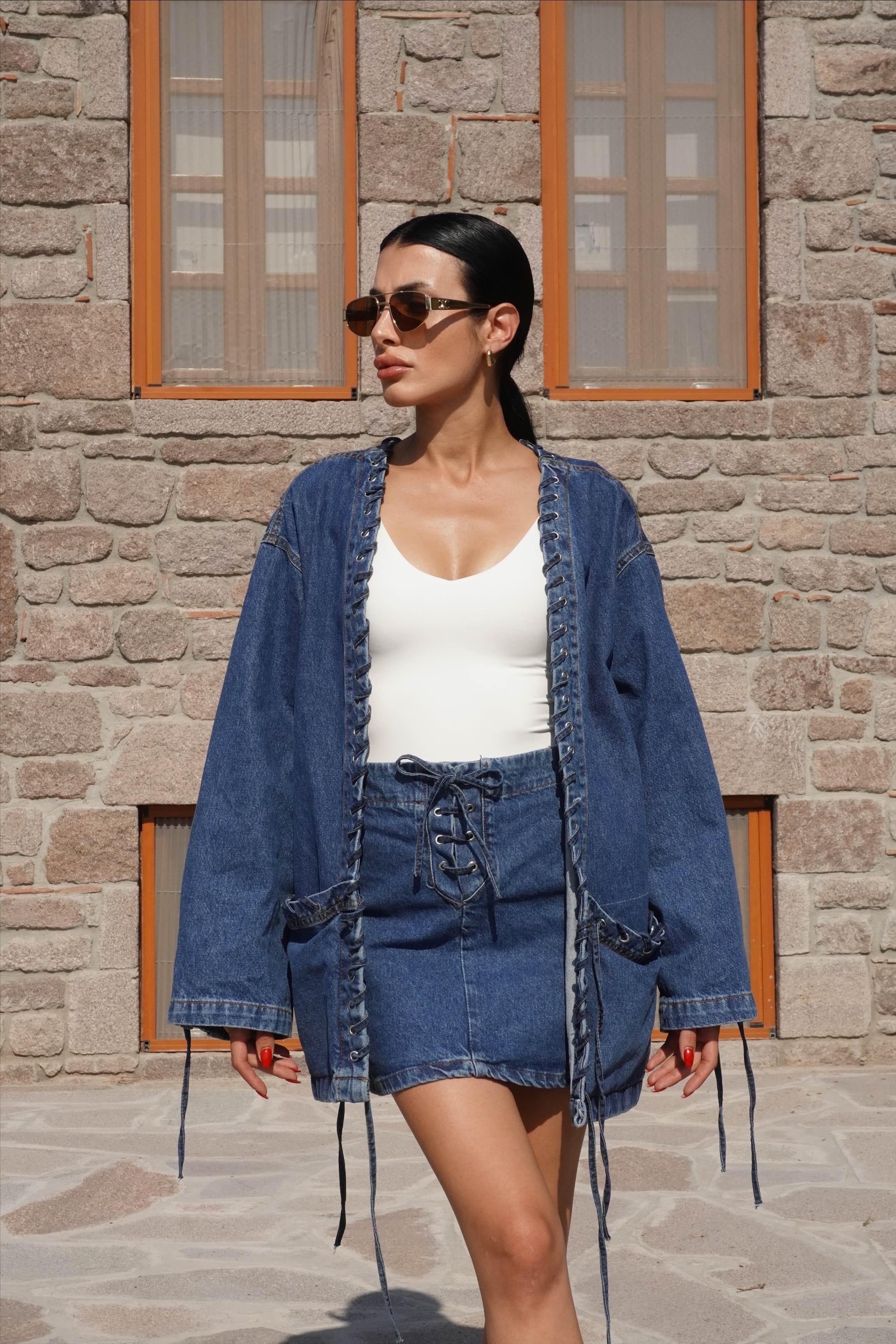 Kuşgözlü Denim Ceket Etek Takım