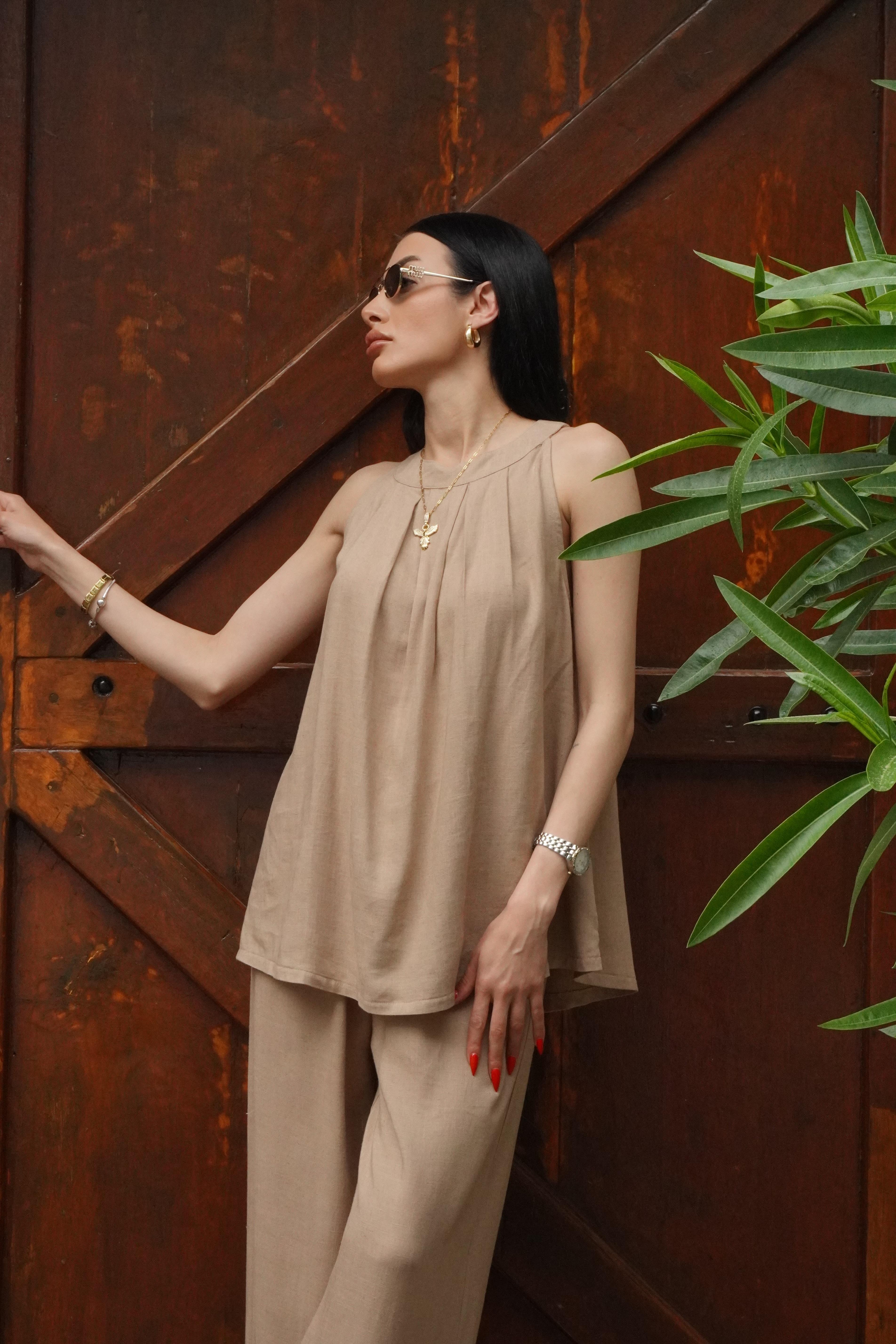 Camel Tensel Bluz Palazzo Takım